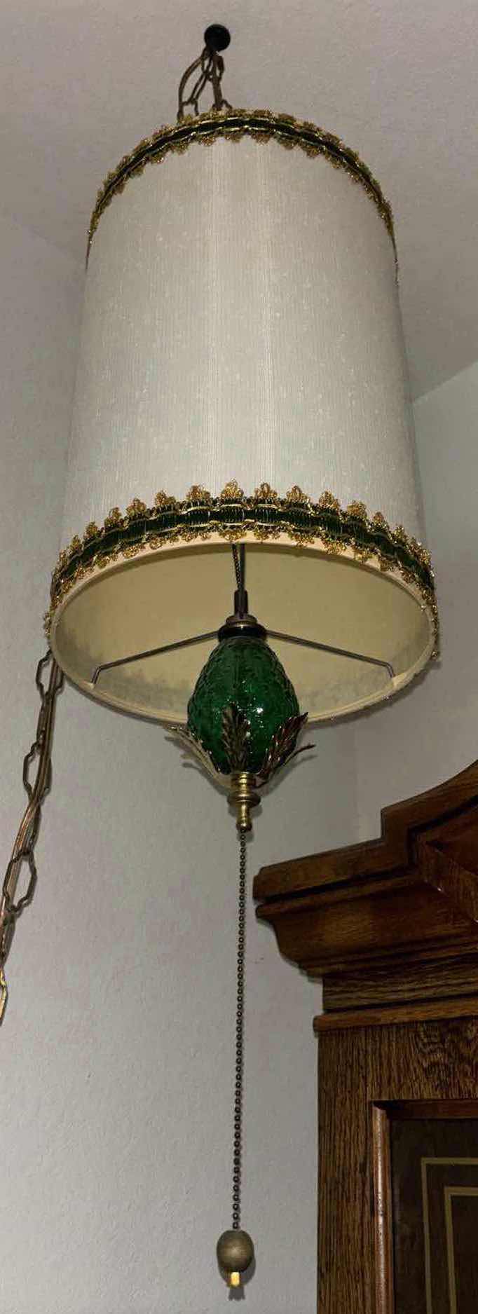 Photo 1 of MID-CENTURY PENDANT SWAG LAMP W DRUM SHADE & GREEN GLASS, 11 FT CHAIN/ 13 FT CORD, SHADE 10” X 15”H
