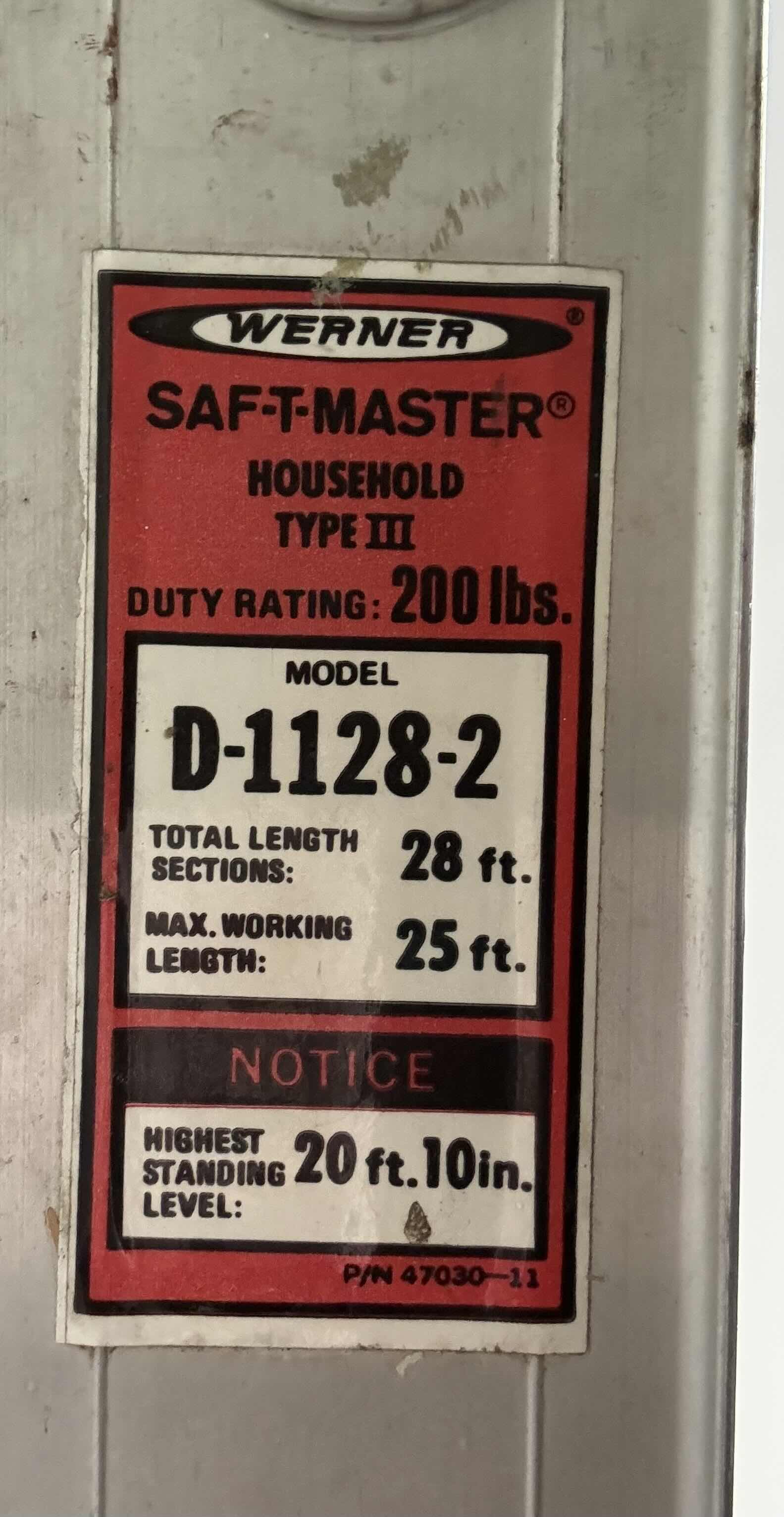 Photo 1 of 14 FT WERNER SAF-T-MASTER HOUSEHOLD TYPE III ALUMINUM EXTENSION LADDER, 200 LB CAPACITY (MODEL D-1128-2)