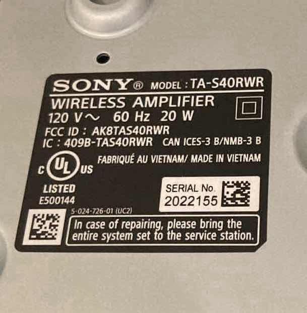 Photo 1 of SONY WIRELESS AMPLIFIER W SPEAKERS & REMOTE MODEL TA-S40RWR