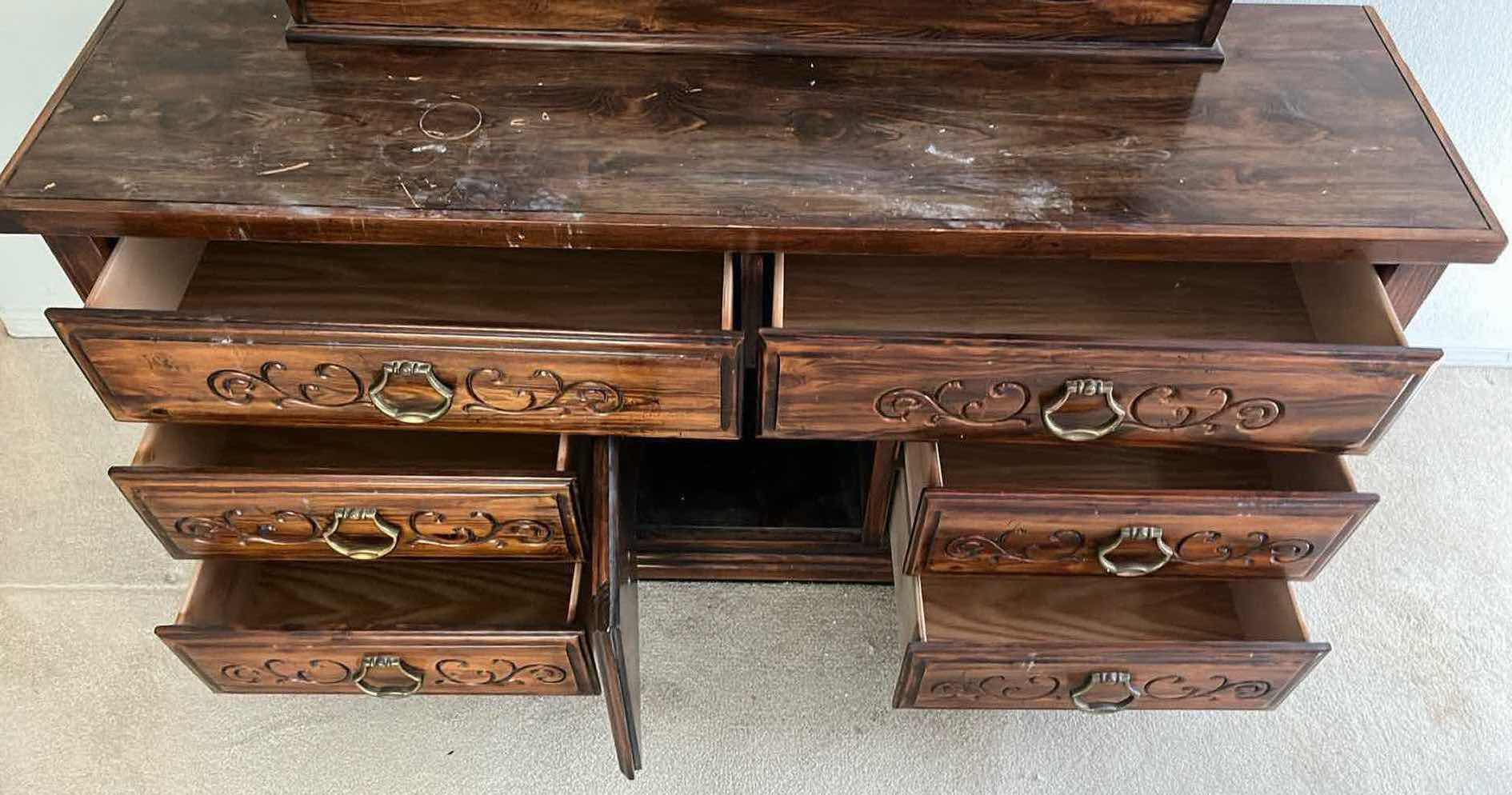 Photo 1 of LEA FURNITURE DARK WOOD FINISH 5 DRAWER VANITY DRESSER 64” X 18” H70.5”