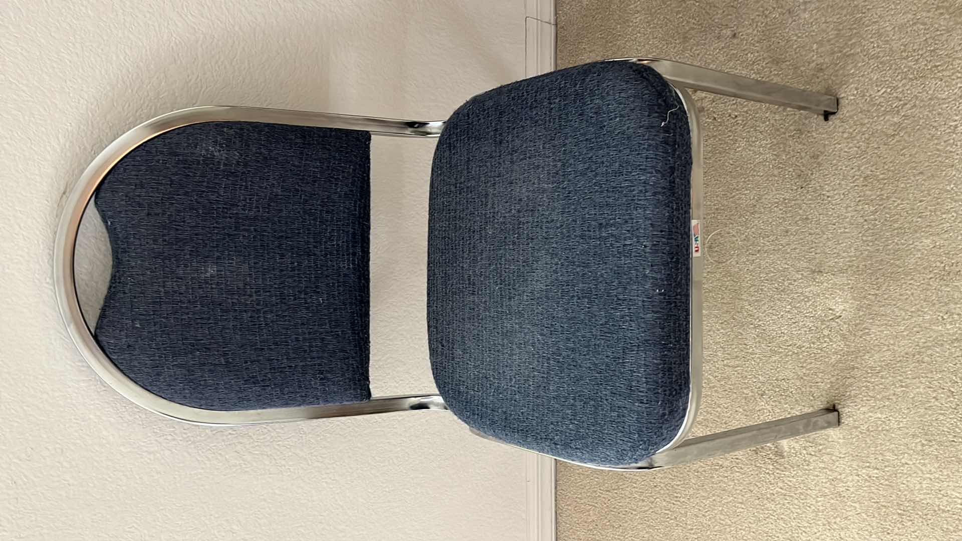 Photo 1 of KAYDEE METAL PROD BLUE UPHOLSTERY STAINLESS STEEL FRAME CHAIR 16.5” X 21” H32.5”