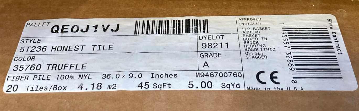 Photo 1 of SHAW HONEST TILE TRUFFLE FINISH GLUE DOWN CARPET TILE 36” X 9” (45SQFT PER CASE/15CASES APPROX 675SQFT TOTAL)