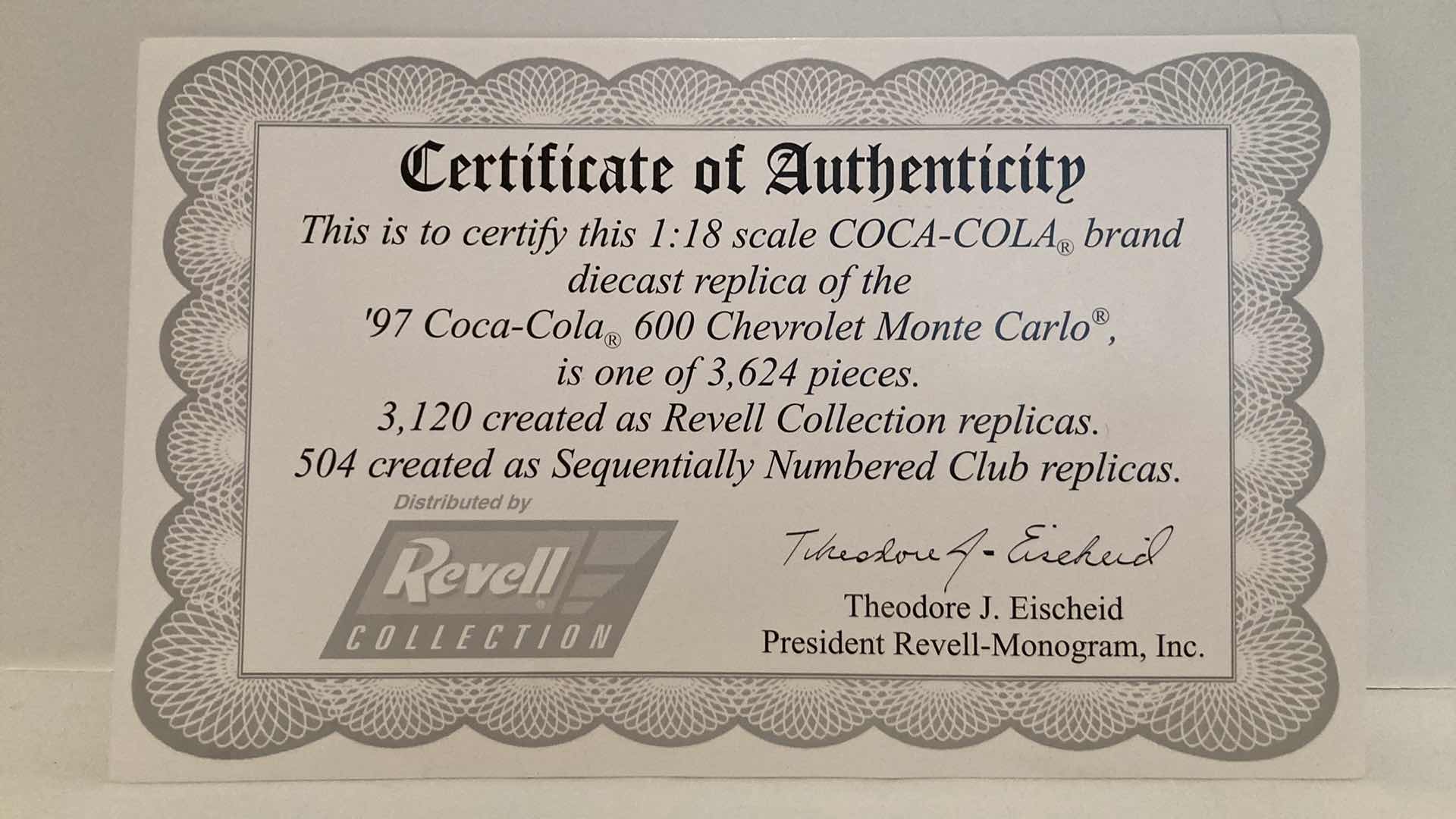 Photo 1 of COCA-COLA 600 MONTE CARLO 1997 DIE CAST REPLICA CAR REVELL COLLECTION W COA