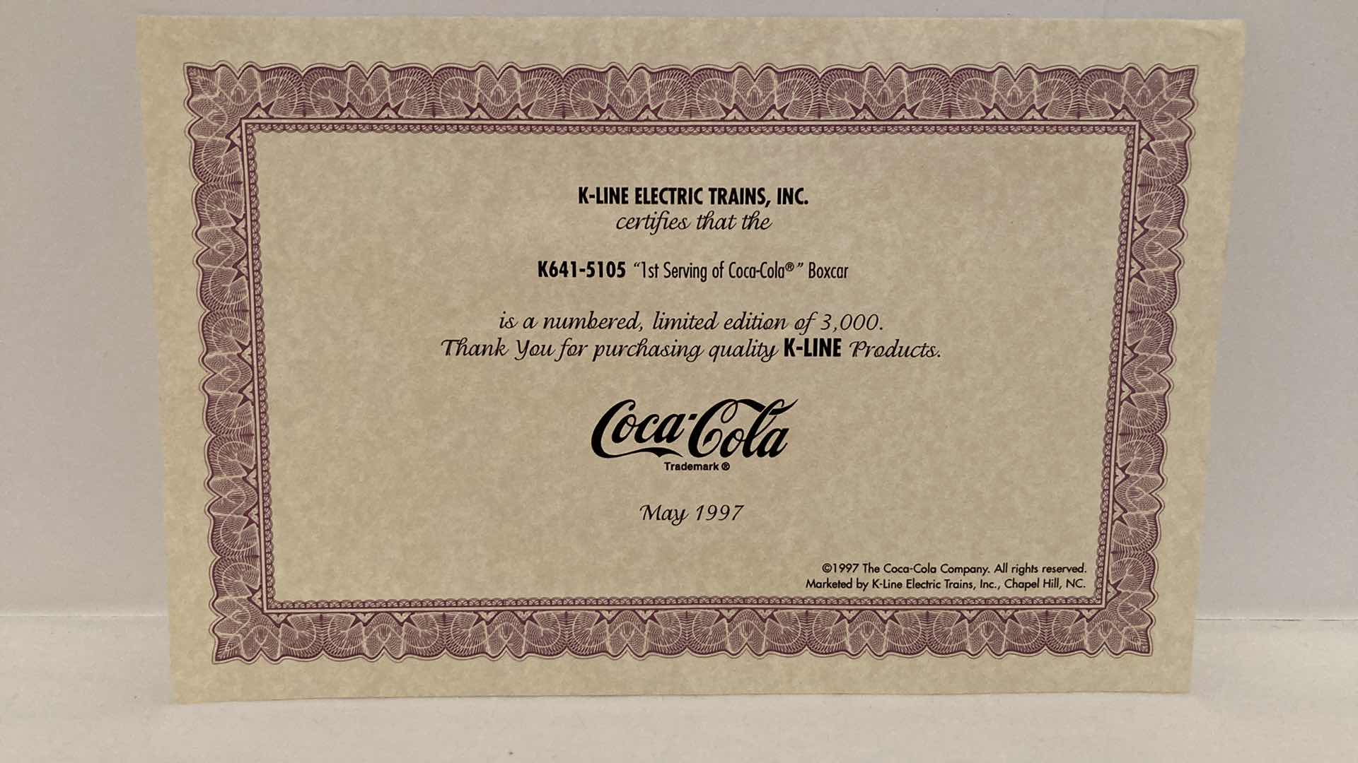 Photo 1 of COCA-COLA LIMITED EDITION K-LINE ELECTRIC TRAINS DR. JOHN S PEMBERTON 1ST SERVING OF COCA-COLA W COA & DISPLAY BASE