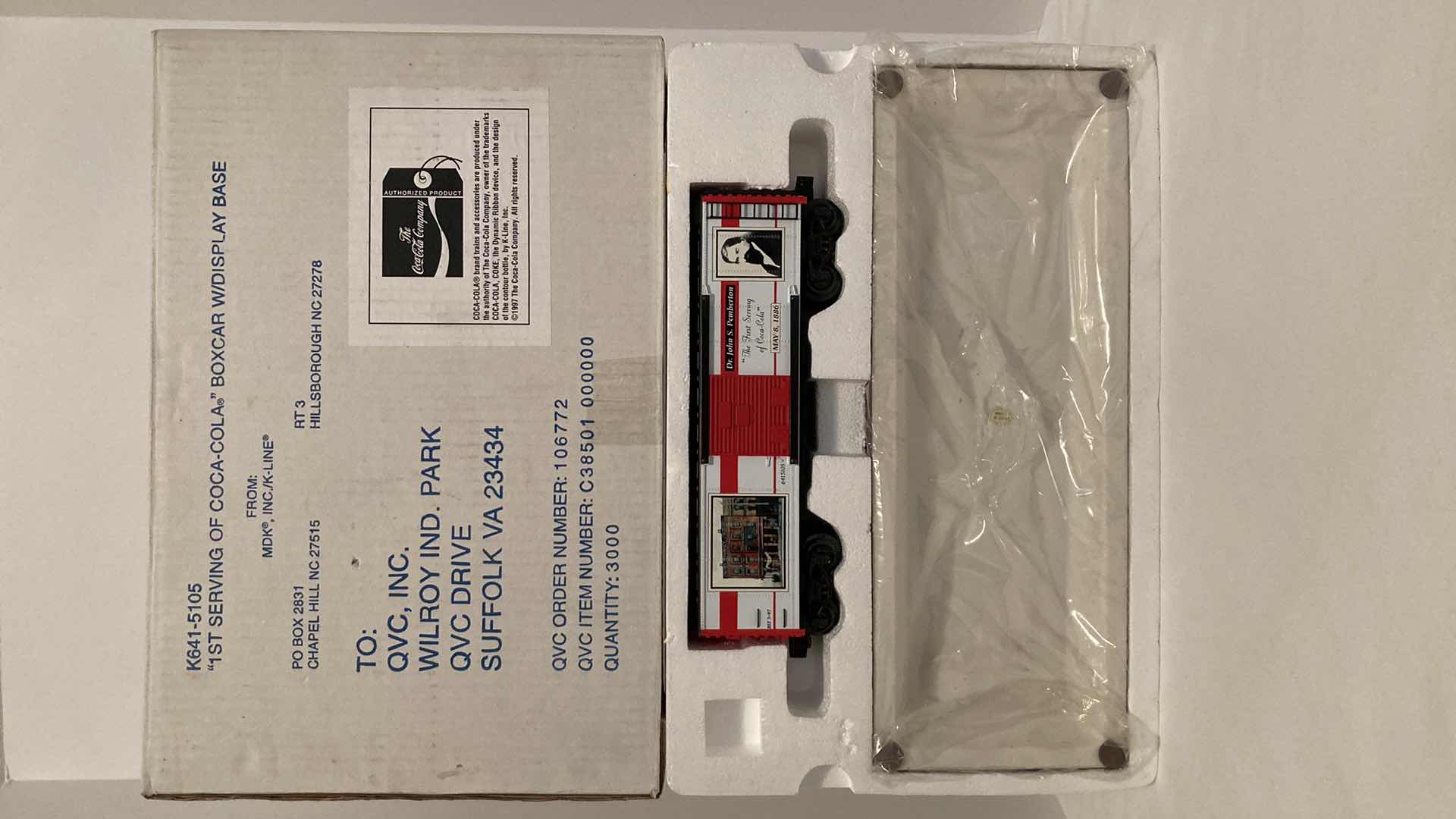 Photo 1 of COCA-COLA LIMITED EDITION K-LINE ELECTRIC TRAINS DR. JOHN S PEMBERTON 1ST SERVING OF COCA-COLA W COA & DISPLAY BASE