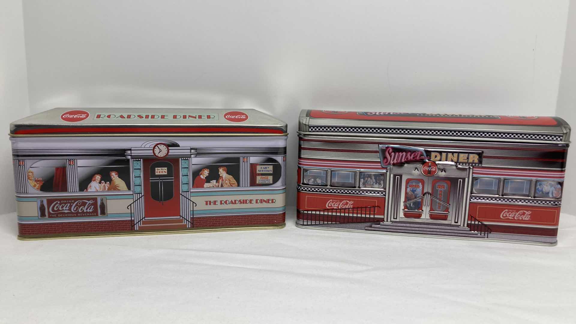 View 1 of COCA-COLA ROADSIDE DINER & SUNSET DINER TINS (2) 8.5” X 2.5” H4”