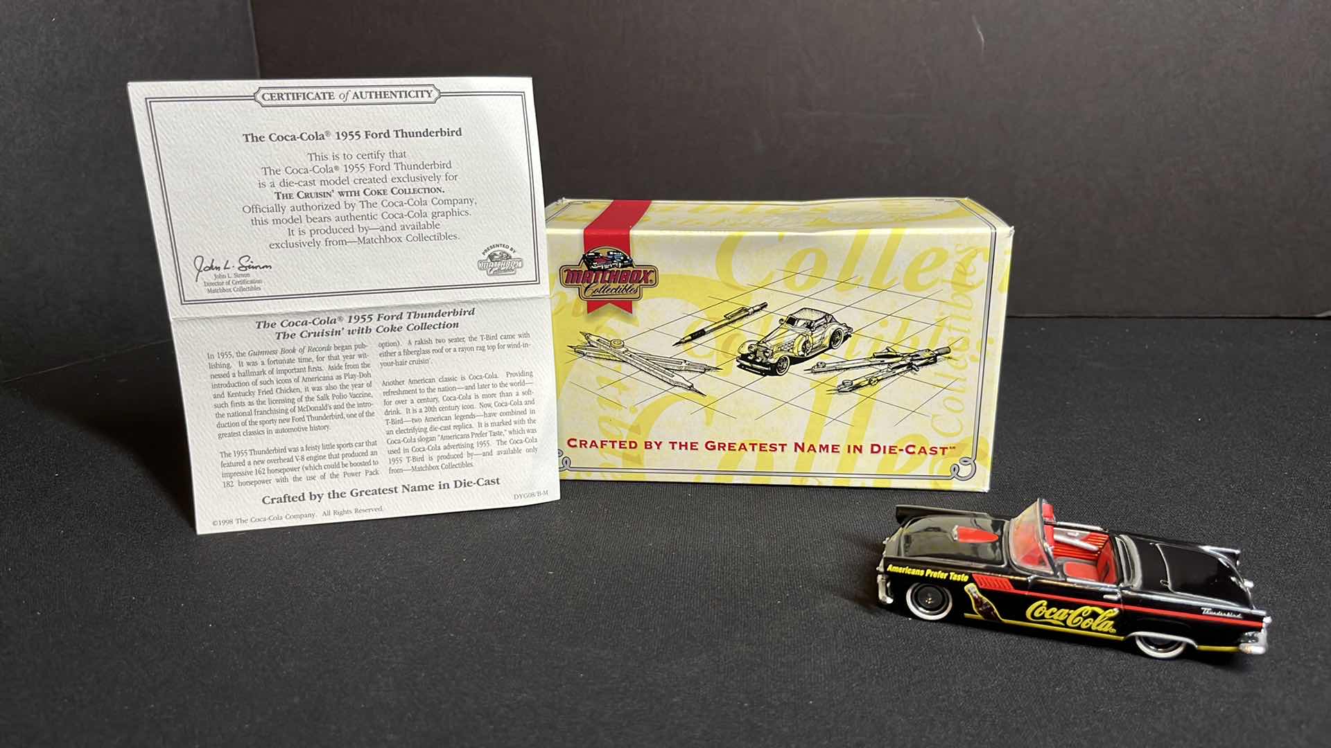Photo 1 of MATCHBOX COLLECTIBLES COCA-COLA MODELS OF YESTERYEAR 1955 FORD THUNDERBIRD, INCLUDES COA 1995 (MODEL #DYG08/B-M)