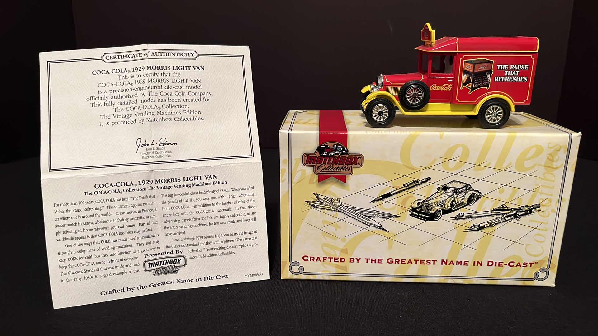 Photo 1 of COCA-COLA MATCHBOX COLLECTIBLES MODELS OF YESTERYEAR 1929 MORRIS LIGHT VAN, W COA, 1995 (MODEL YYM96508)