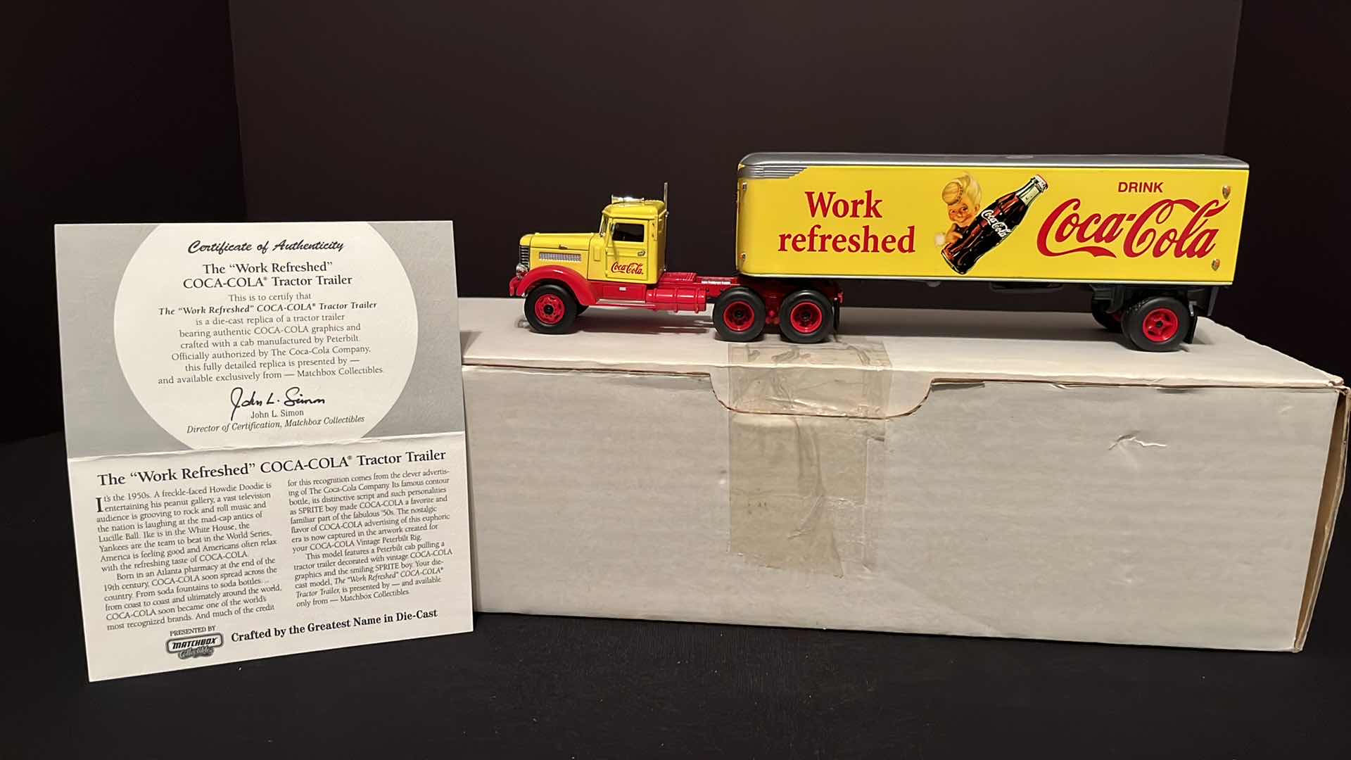 Photo 1 of COCA-COLA MATCHBOX COLLECTIBLES DINKY 1939 PETERBILT TRACTOR TRAILER, W COA, 1995 (MODEL DYM38050)