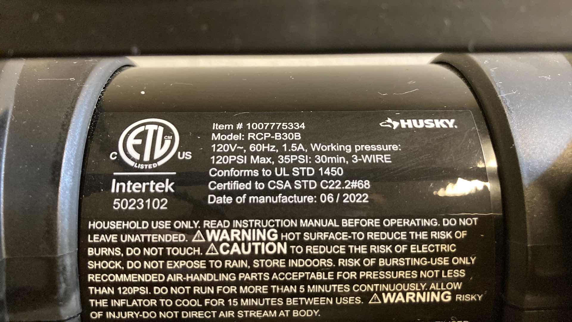 Photo 1 of HUSKY AIR COMPRESSOR MODEL RCPB30B