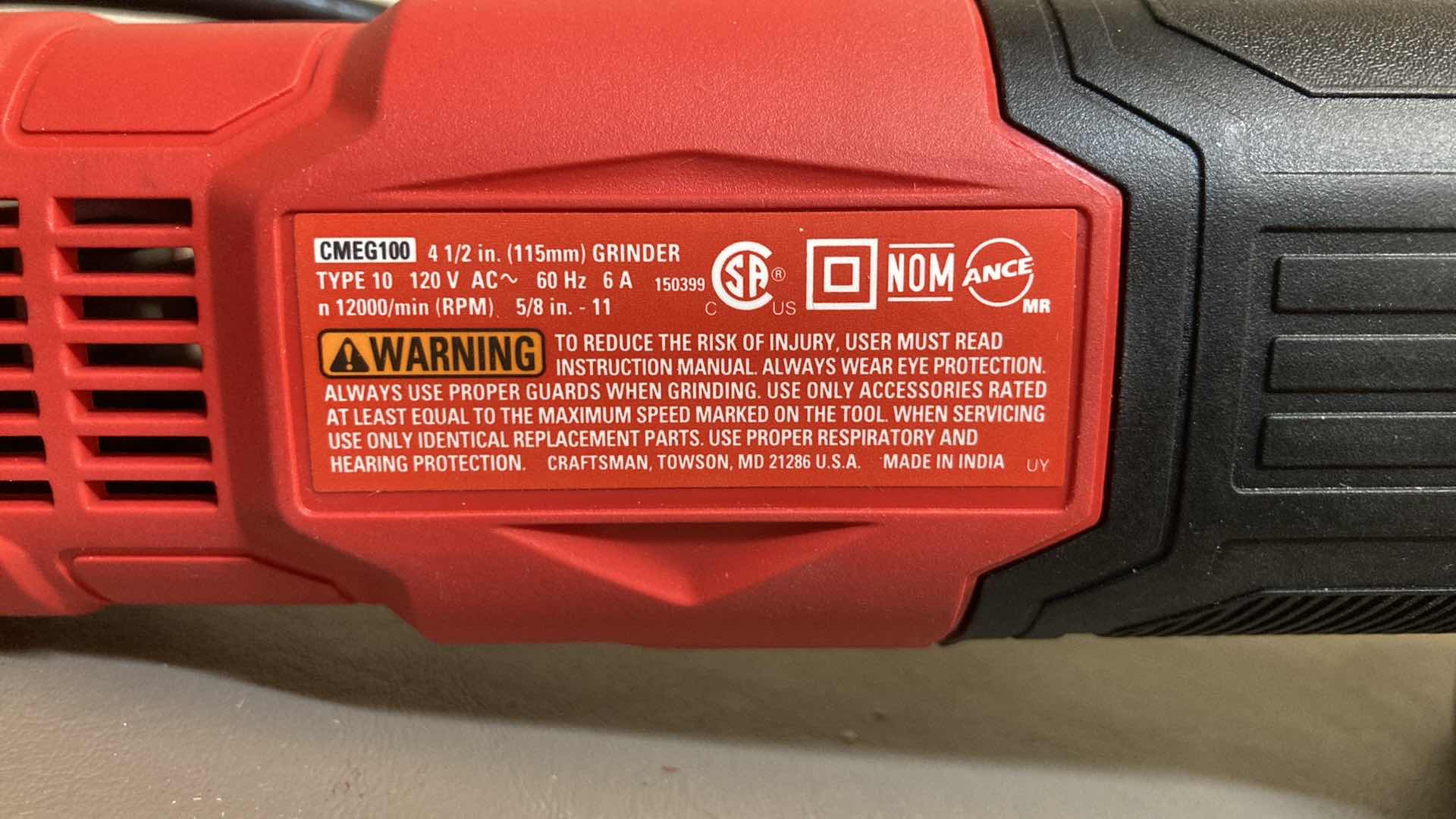 Photo 1 of CRAFTSMAN 6.0 AMP ANGLE GRINDER MODEL CMEG100