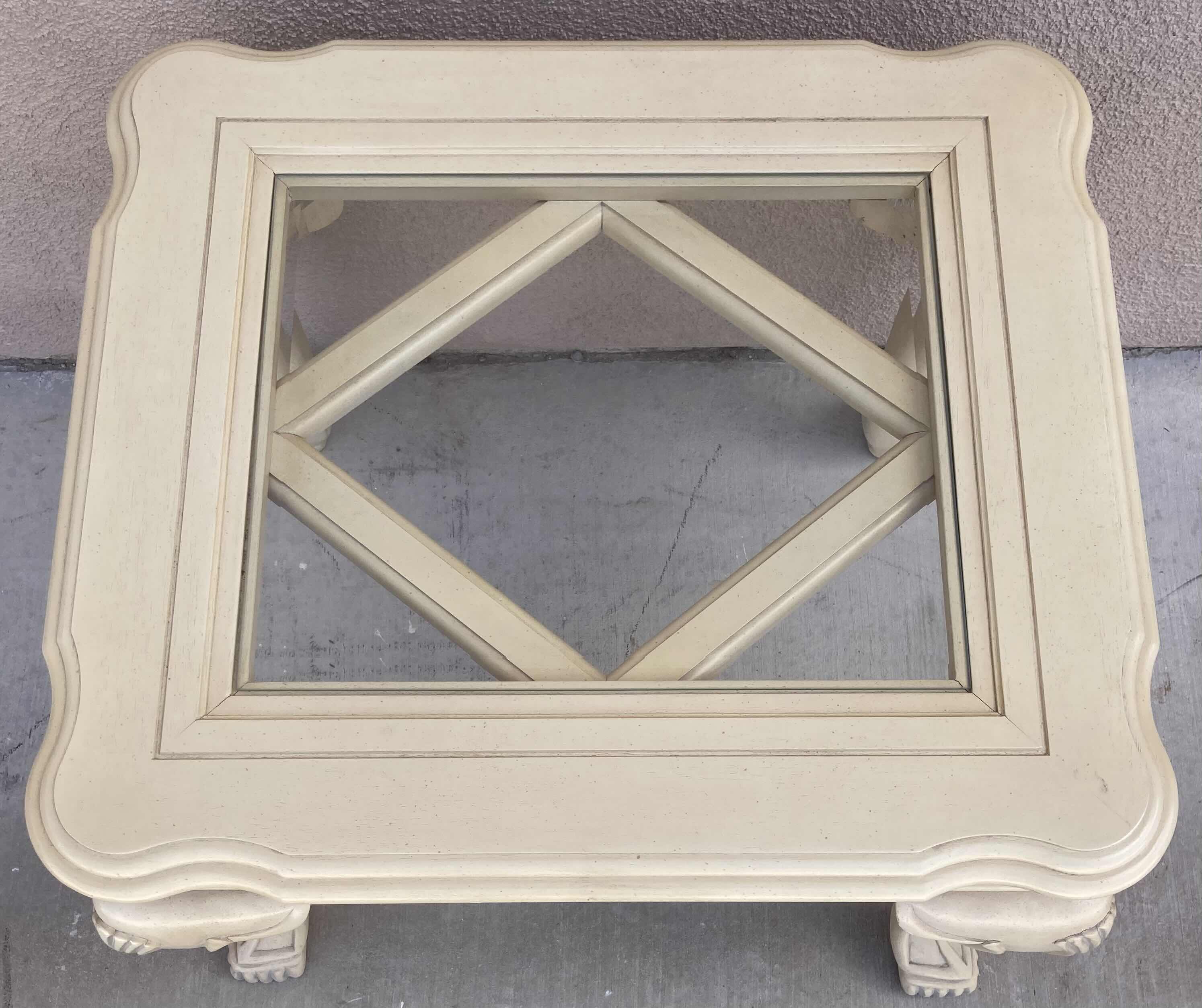 Photo 1 of MID-CENTURY STYLE CREAM W SILVER ACCENTED WOOD FINISH GLASS TOP INLAY END TABLE 25.5” X 28.5” H21.5”