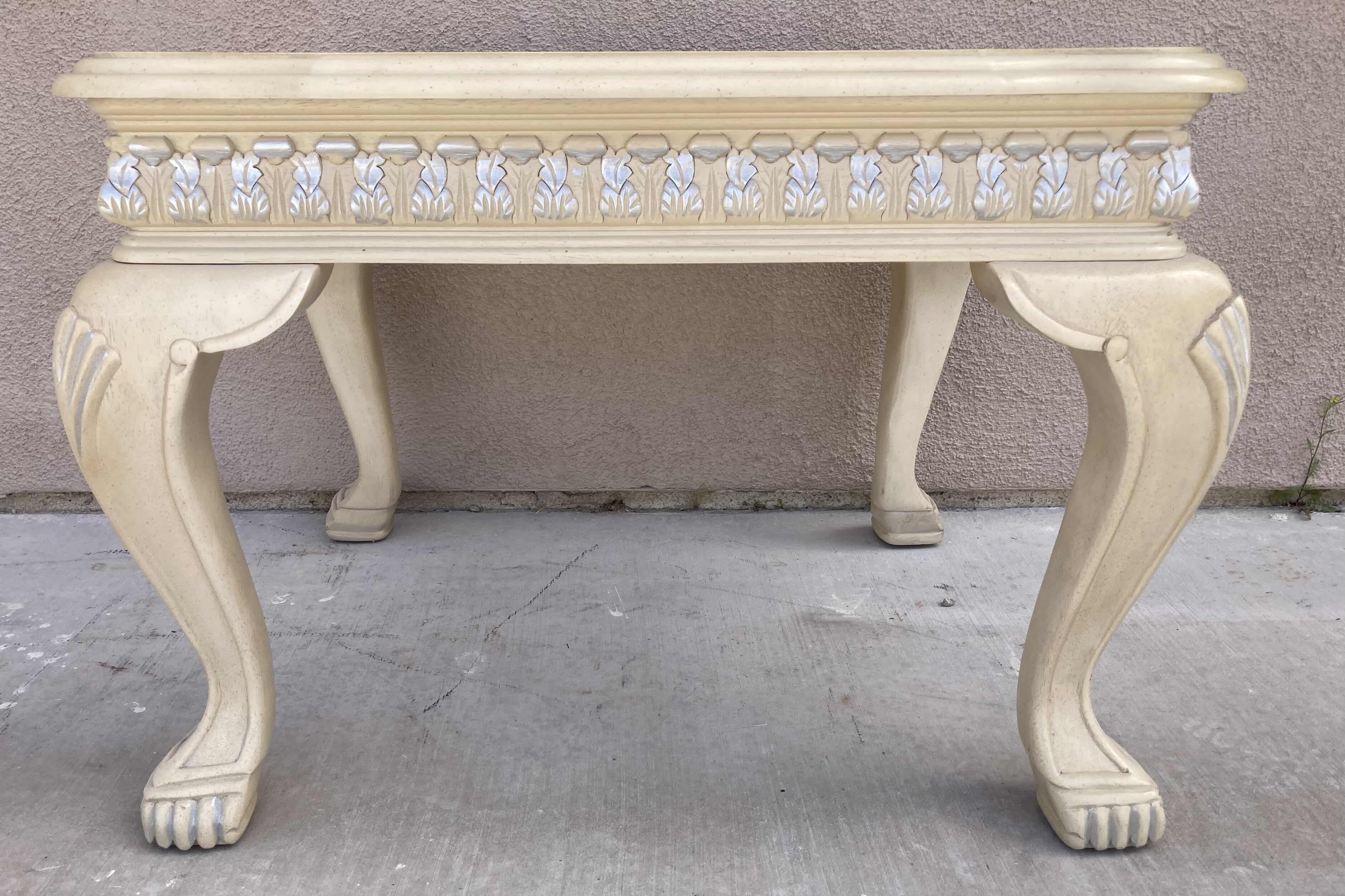 Photo 1 of MID-CENTURY STYLE CREAM W SILVER ACCENTED WOOD FINISH GLASS TOP INLAY END TABLE 25.5” X 28.5” H21.5”