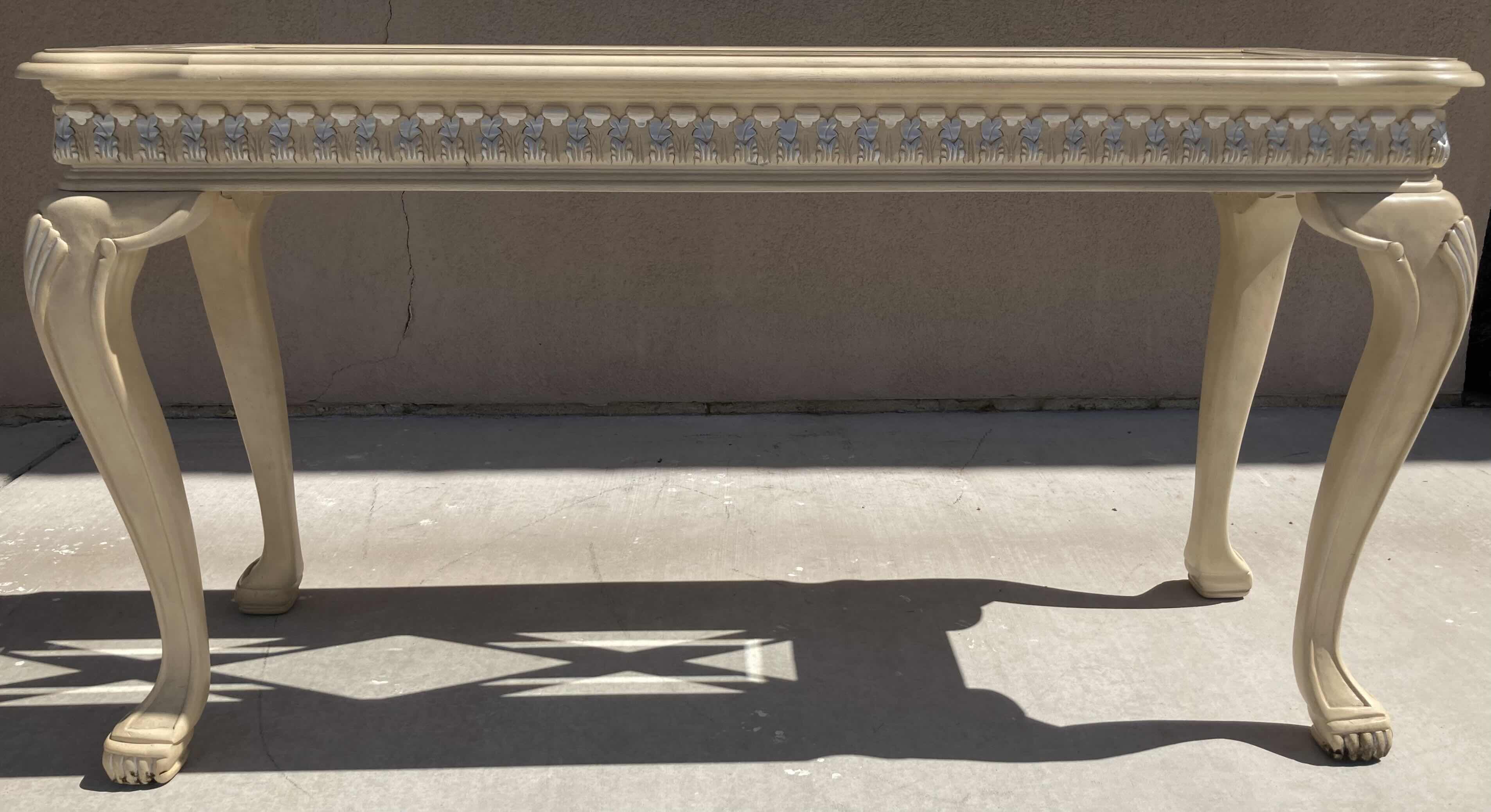 Photo 1 of MID-CENTURY STYLE CREAM W SILVER ACCENTED WOOD FINISH GLASS TOP INLAY CONSOLE TABLE 52” X 18” H28”