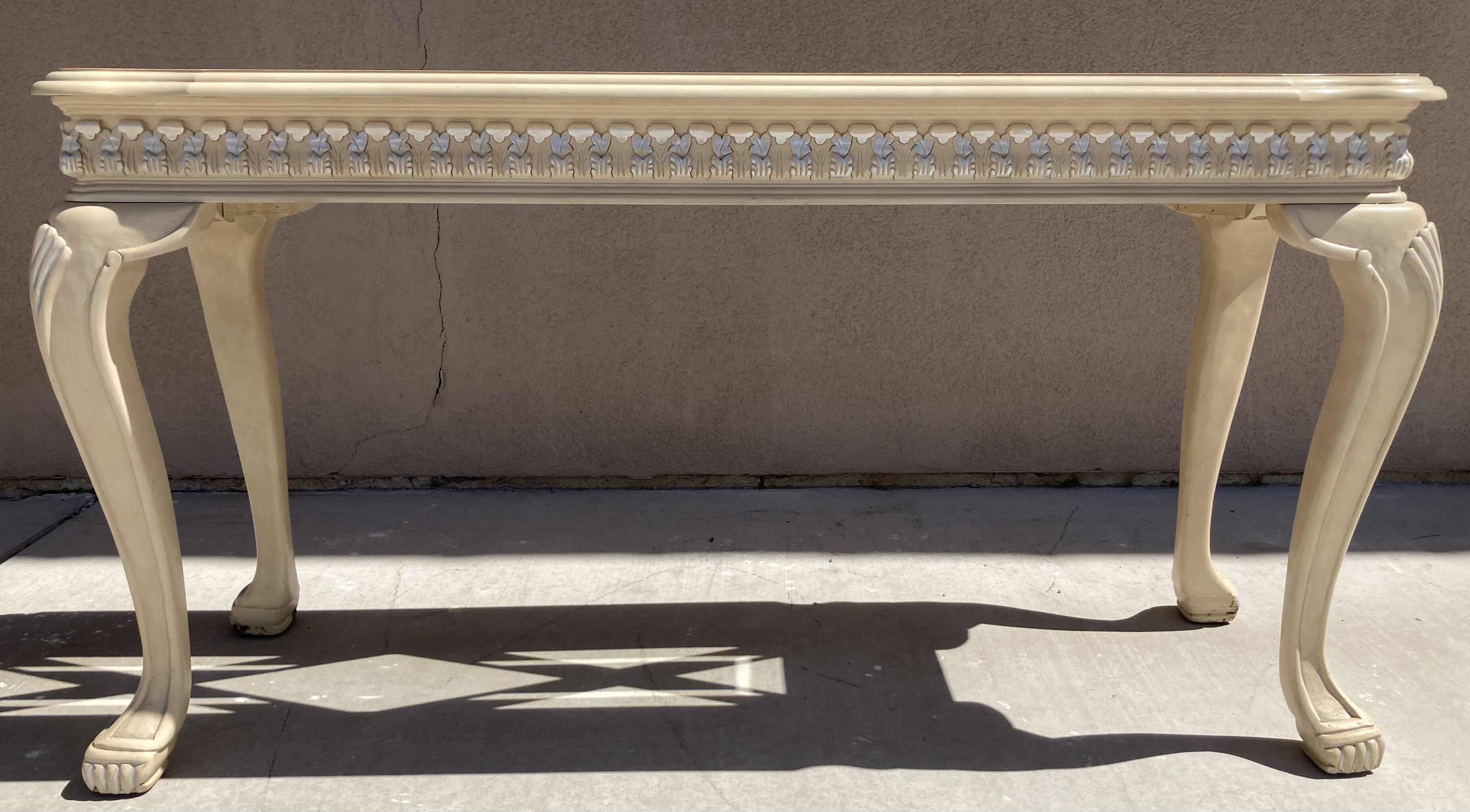 Photo 1 of MID-CENTURY STYLE CREAM W SILVER ACCENTED WOOD FINISH GLASS TOP INLAY CONSOLE TABLE 52” X 18” H28”