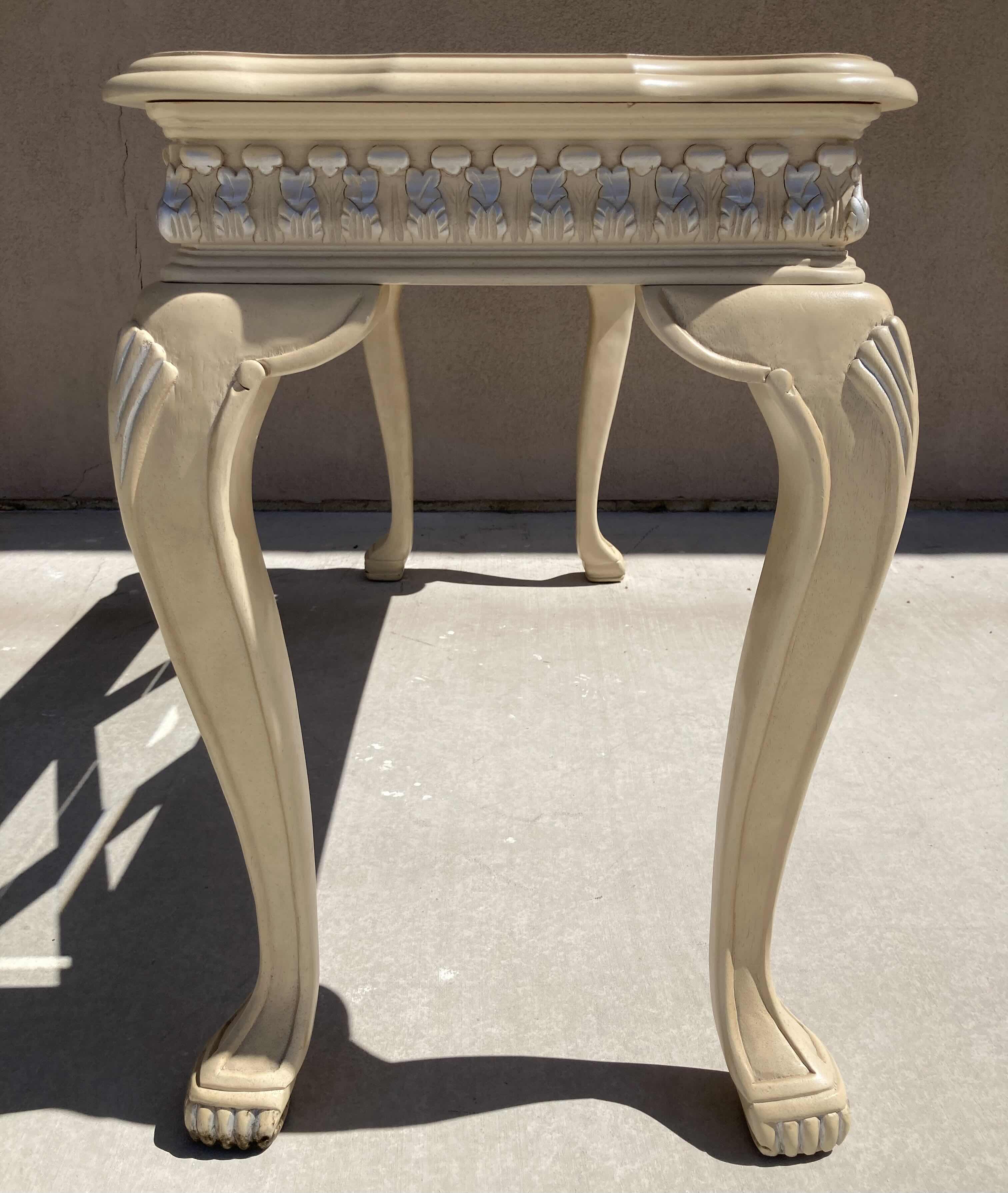 Photo 1 of MID-CENTURY STYLE CREAM W SILVER ACCENTED WOOD FINISH GLASS TOP INLAY CONSOLE TABLE 52” X 18” H28”