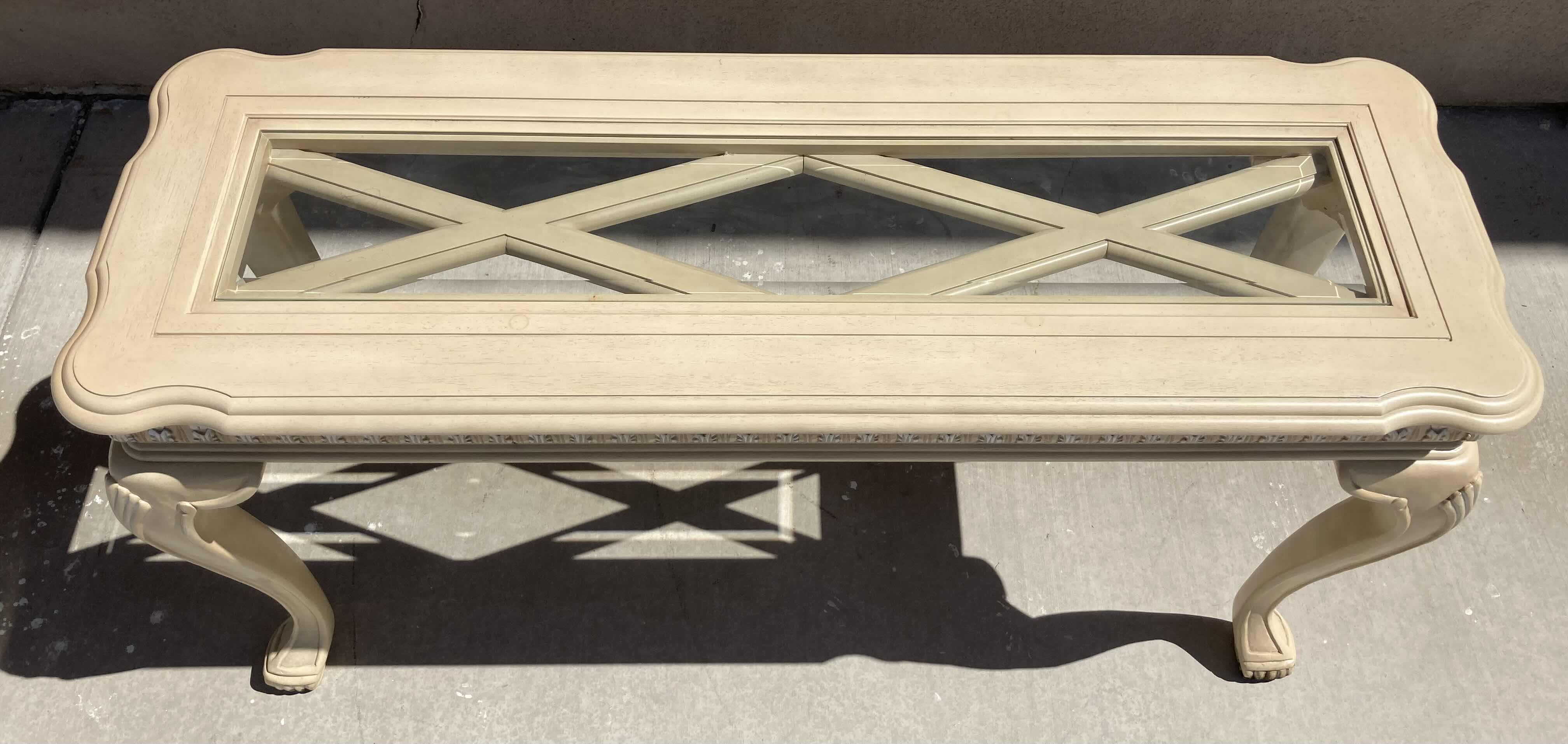 Photo 1 of MID-CENTURY STYLE CREAM W SILVER ACCENTED WOOD FINISH GLASS TOP INLAY CONSOLE TABLE 52” X 18” H28”