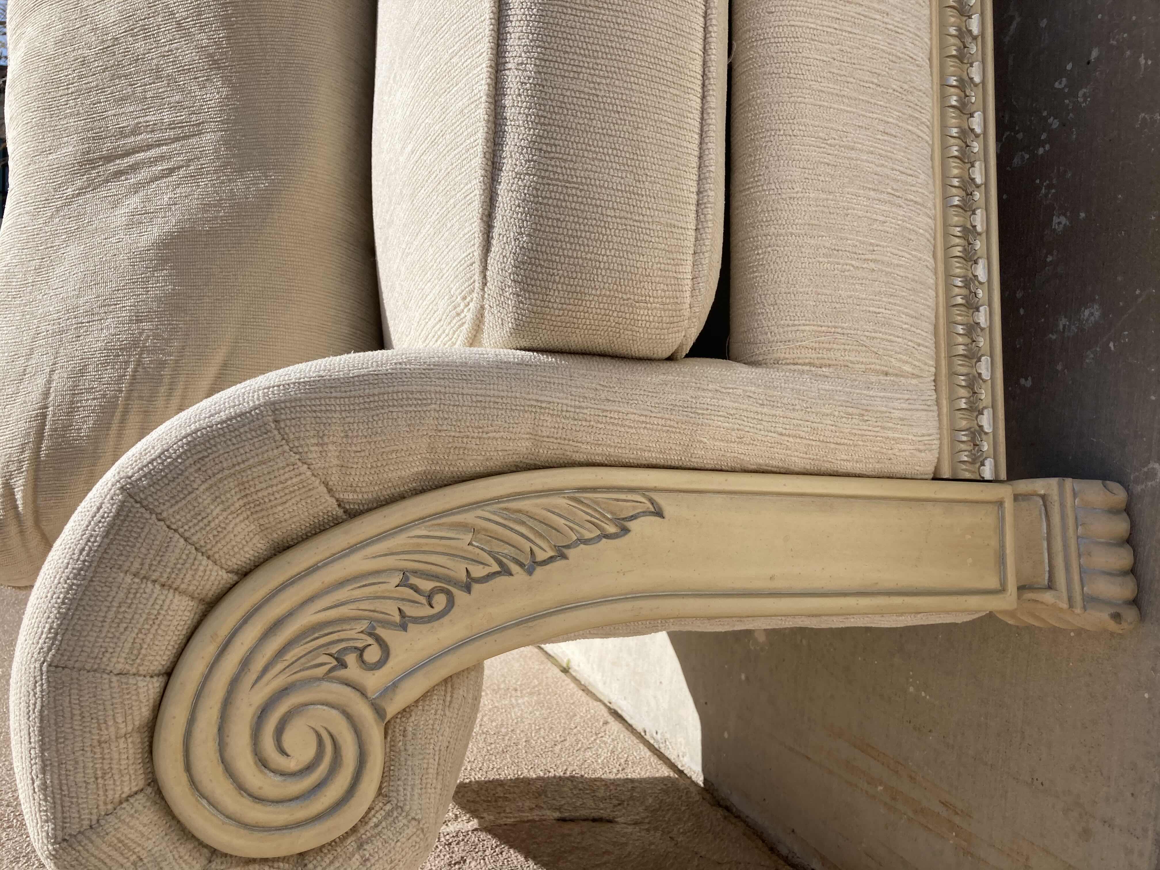 Photo 1 of MID-CENTURY STYLE CREAM TWEED UPHOLSTERY & CREAM W SILVER ACCENTED WOOD FINISH BASE SOFA