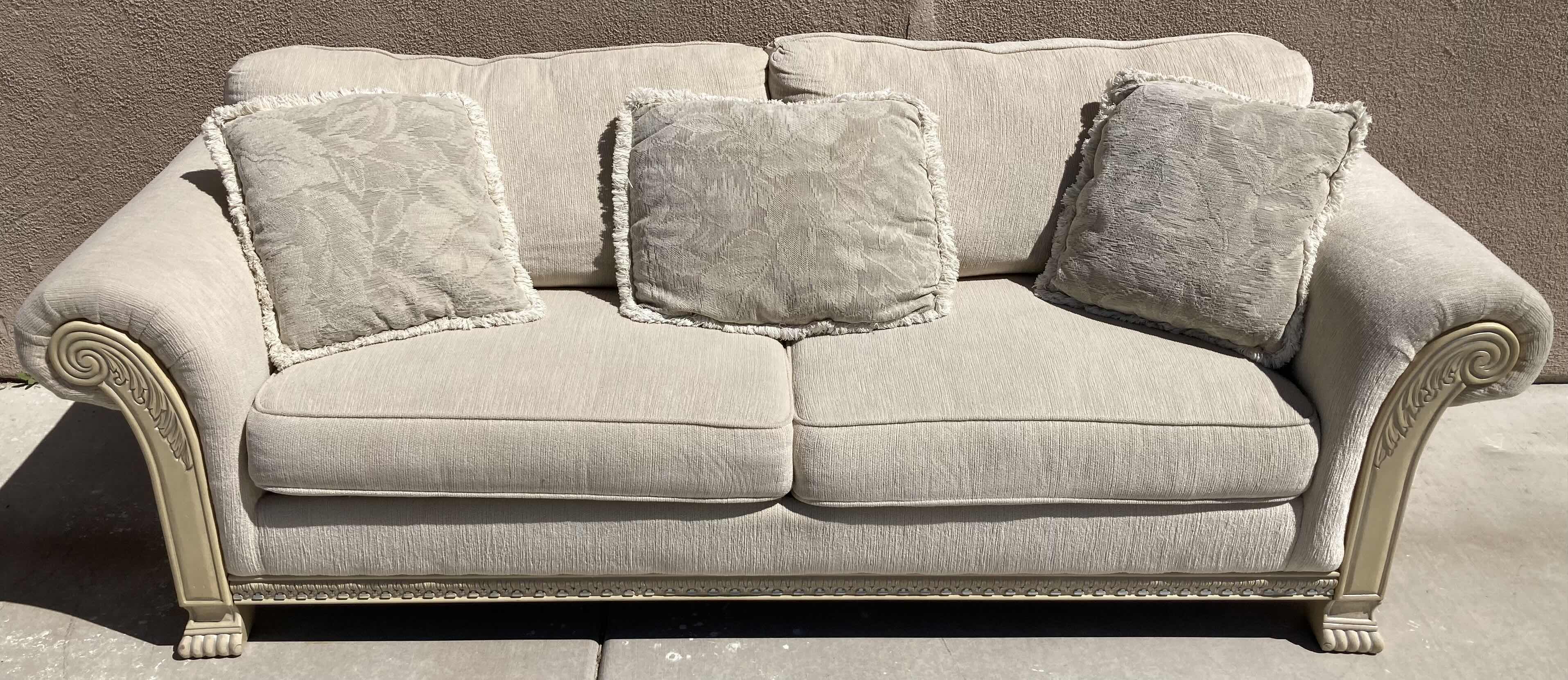 Photo 1 of MID-CENTURY STYLE CREAM TWEED UPHOLSTERY & CREAM W SILVER ACCENTED WOOD FINISH BASE SOFA