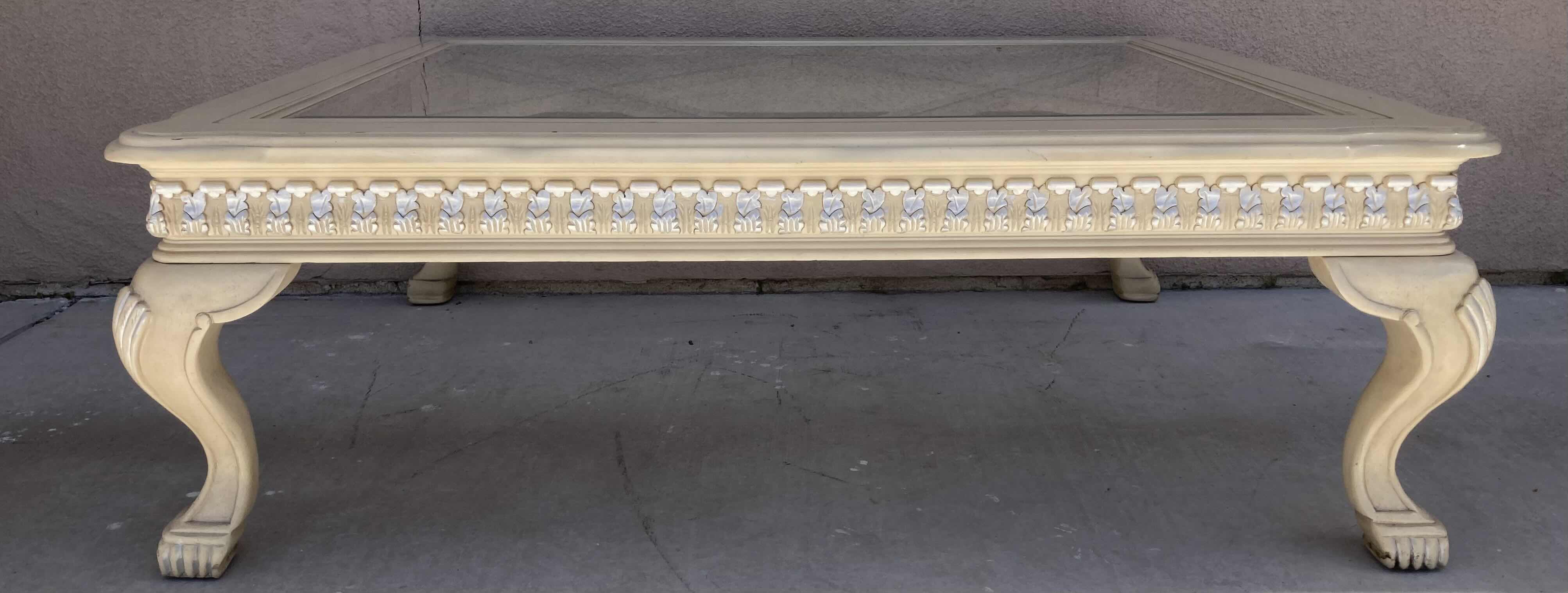 Photo 2 of MID-CENTURY STYLE CREAM W SILVER ACCENTED WOOD FINISH GLASS TOP INLAY COFFEE TABLE 50.5” X 40” H17”