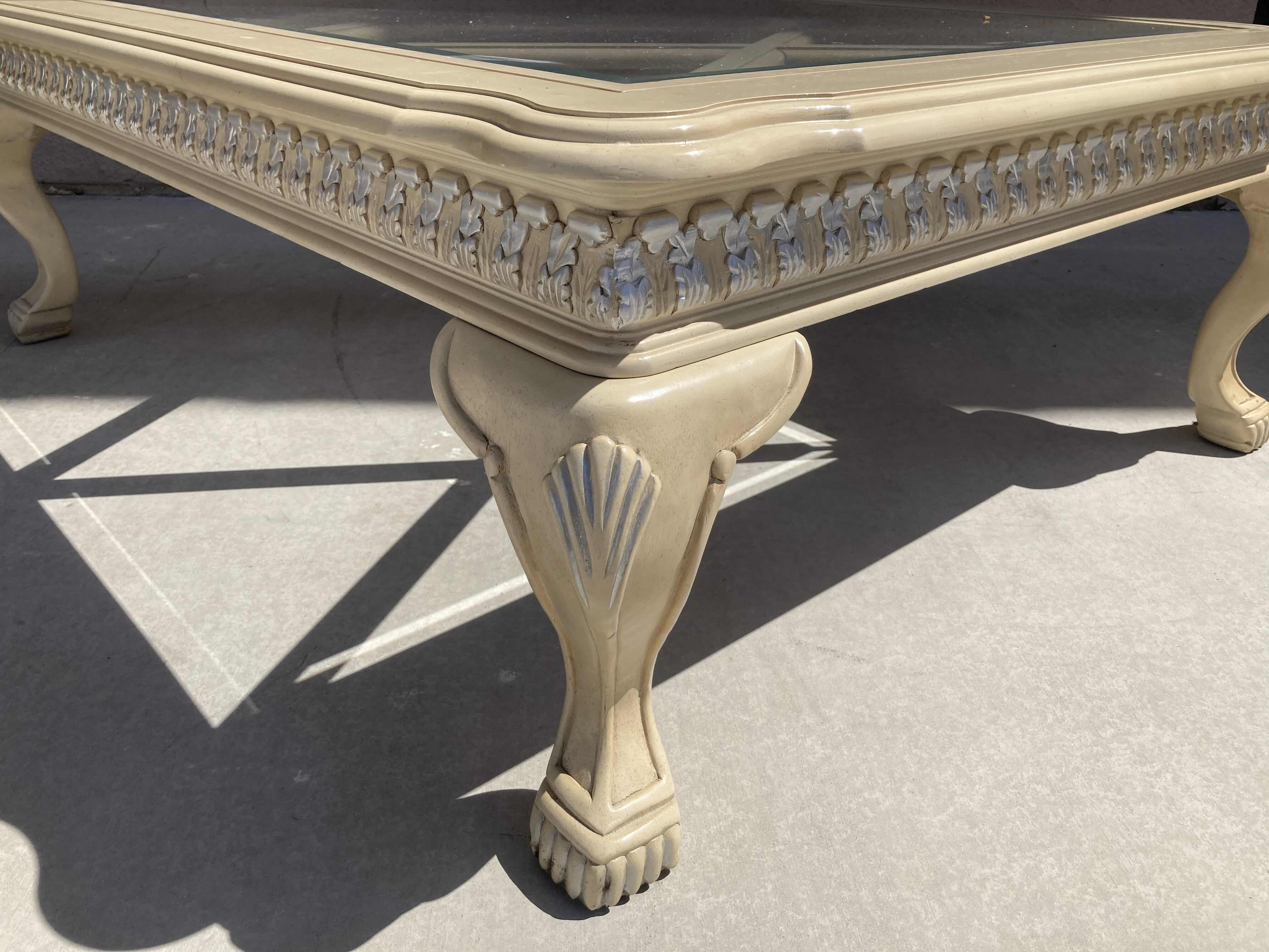 Photo 3 of MID-CENTURY STYLE CREAM W SILVER ACCENTED WOOD FINISH GLASS TOP INLAY COFFEE TABLE 50.5” X 40” H17”