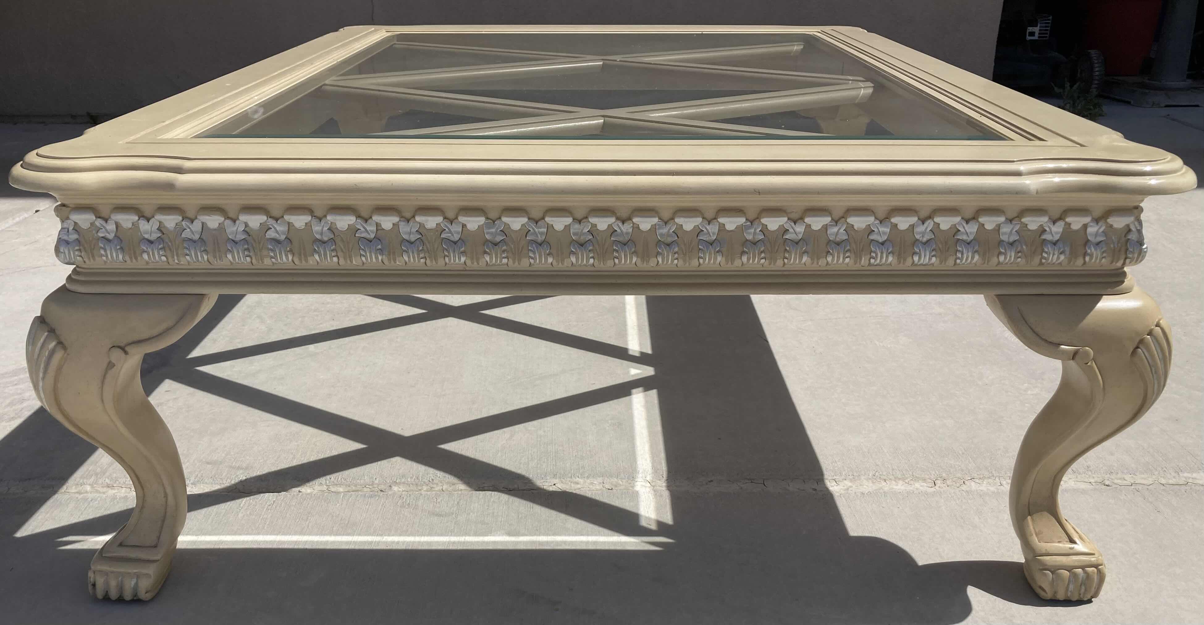 Photo 1 of MID-CENTURY STYLE CREAM W SILVER ACCENTED WOOD FINISH GLASS TOP INLAY COFFEE TABLE 50.5” X 40” H17”