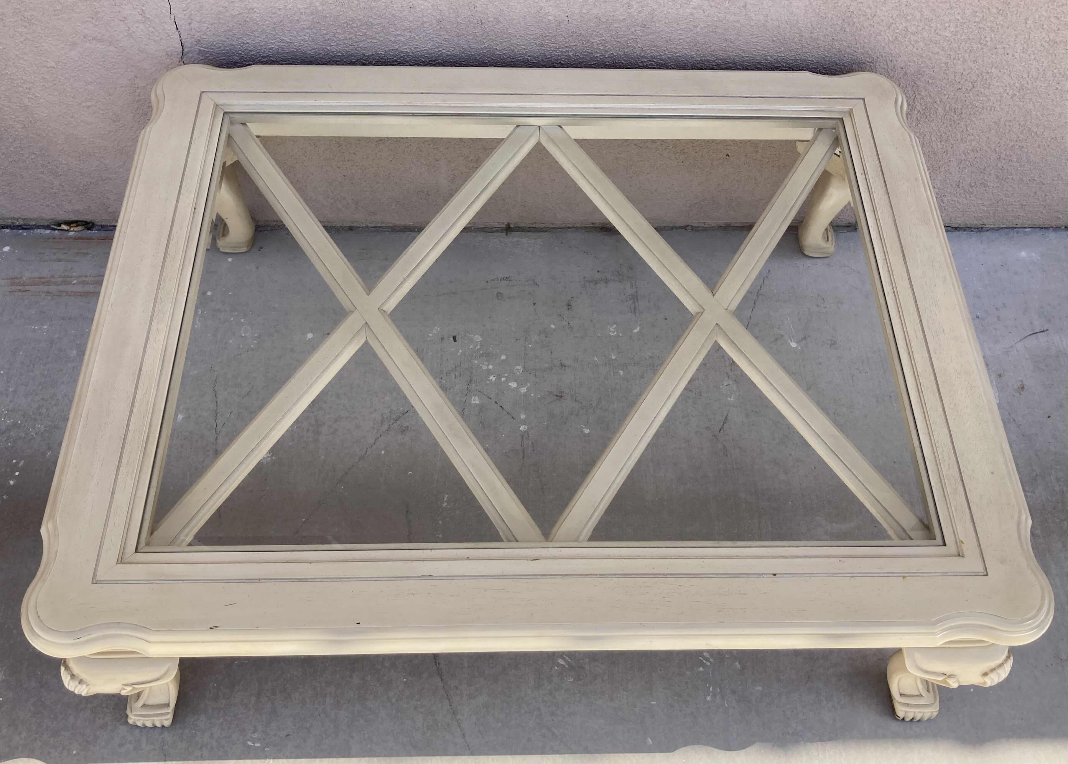 Photo 5 of MID-CENTURY STYLE CREAM W SILVER ACCENTED WOOD FINISH GLASS TOP INLAY COFFEE TABLE 50.5” X 40” H17”