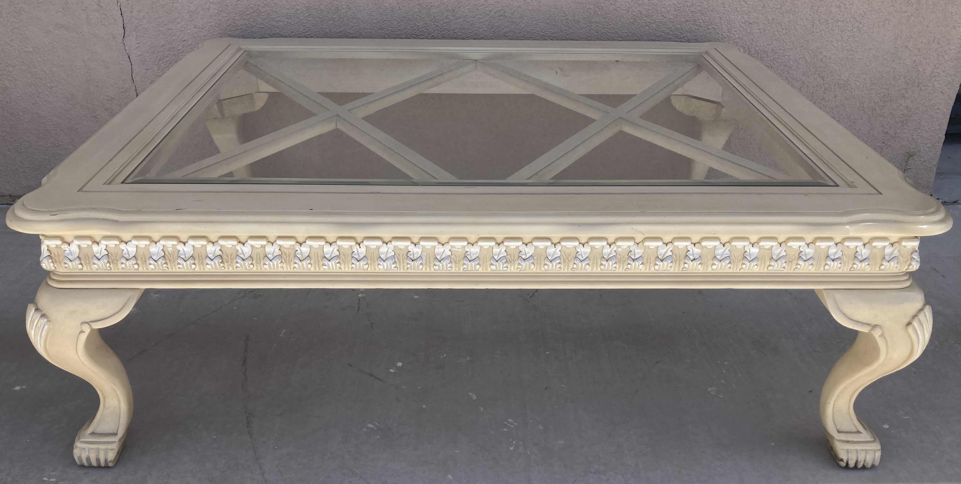 Photo 1 of MID-CENTURY STYLE CREAM W SILVER ACCENTED WOOD FINISH GLASS TOP INLAY COFFEE TABLE 50.5” X 40” H17”