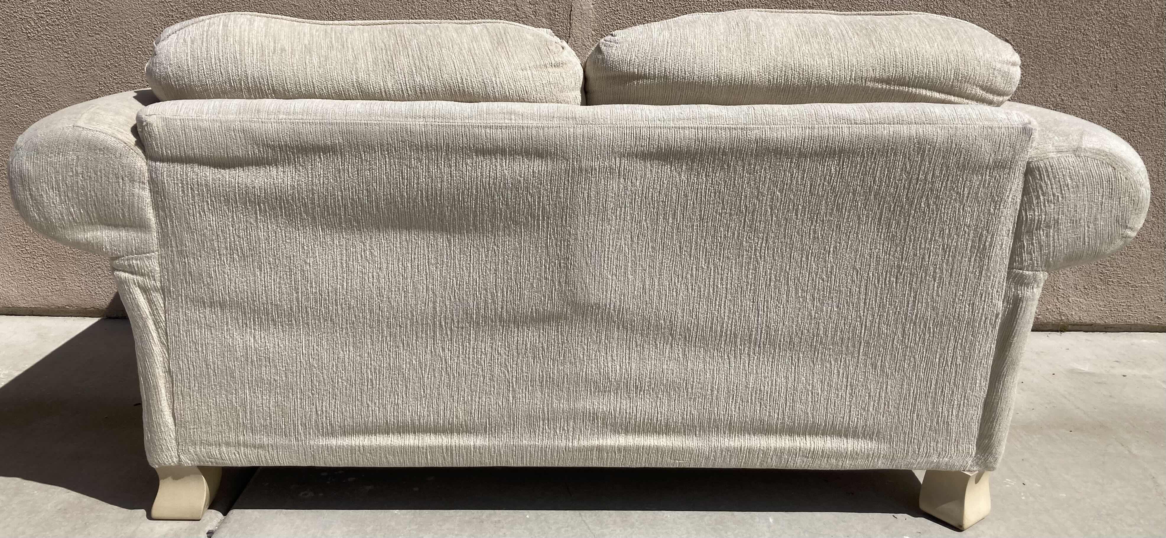 Photo 1 of MID-CENTURY STYLE CREAM TWEED UPHOLSTERY & CREAM W SILVER ACCENTED WOOD FINISH BASE LOVESEAT