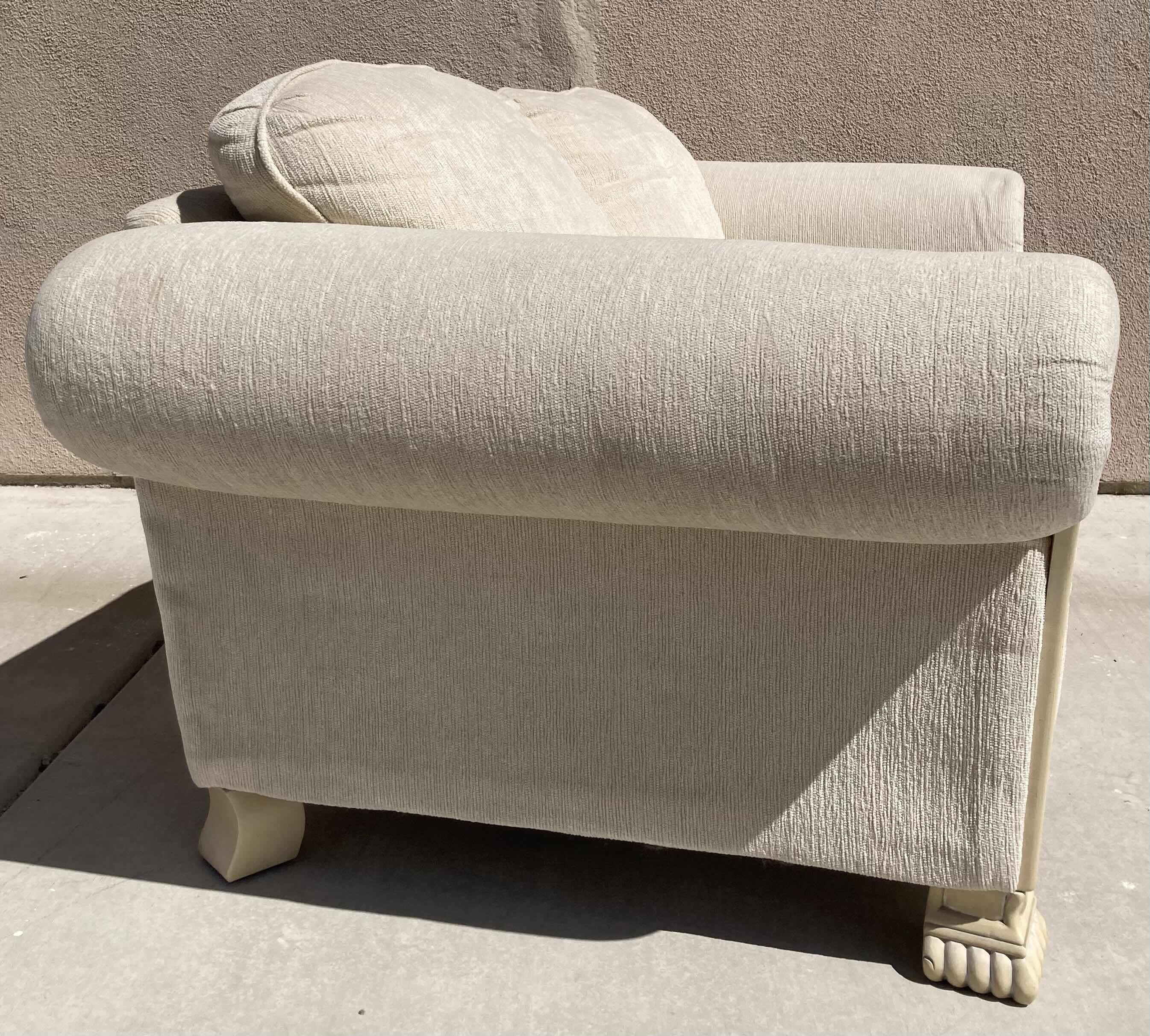 Photo 1 of MID-CENTURY STYLE CREAM TWEED UPHOLSTERY & CREAM W SILVER ACCENTED WOOD FINISH BASE LOVESEAT