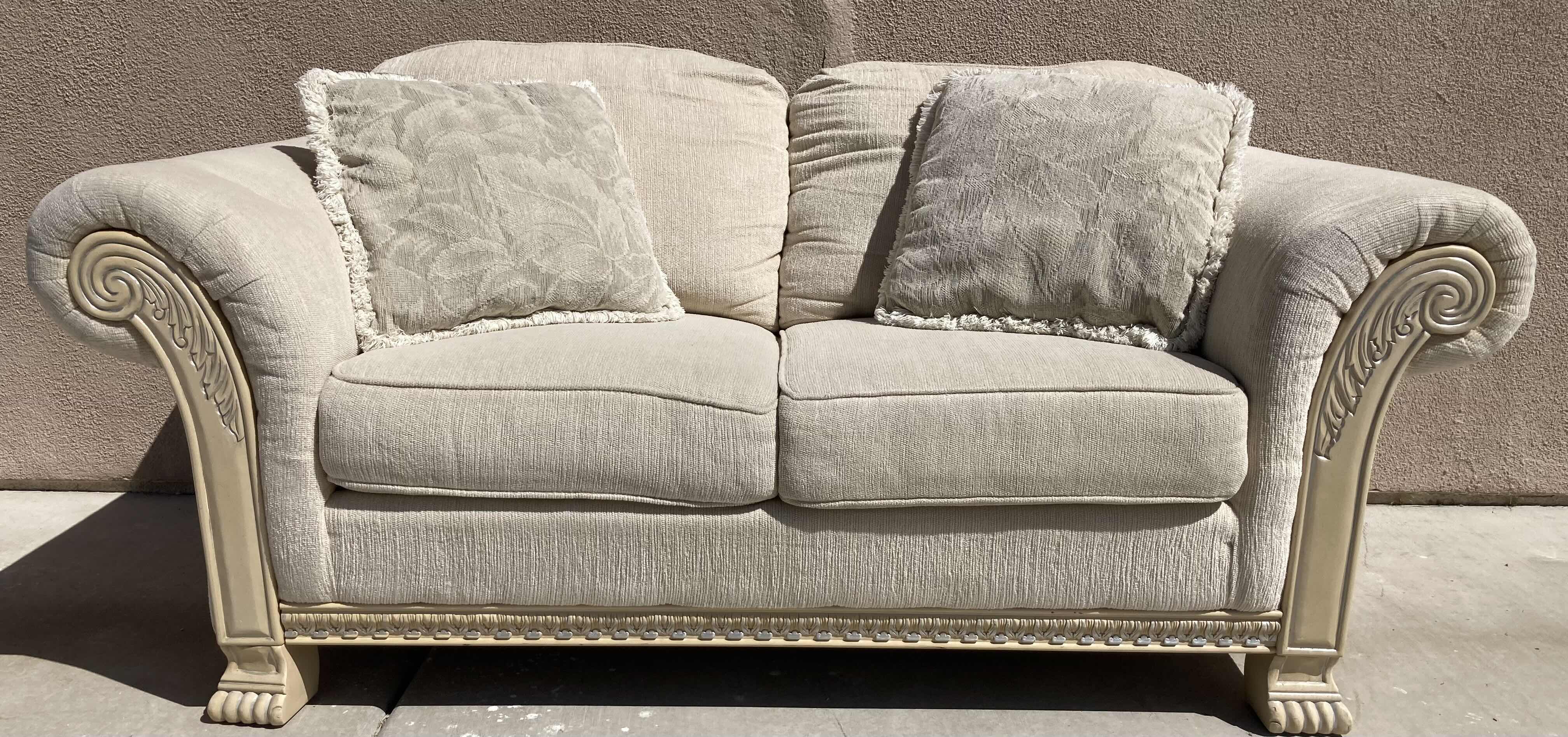 Photo 1 of MID-CENTURY STYLE CREAM TWEED UPHOLSTERY & CREAM W SILVER ACCENTED WOOD FINISH BASE LOVESEAT