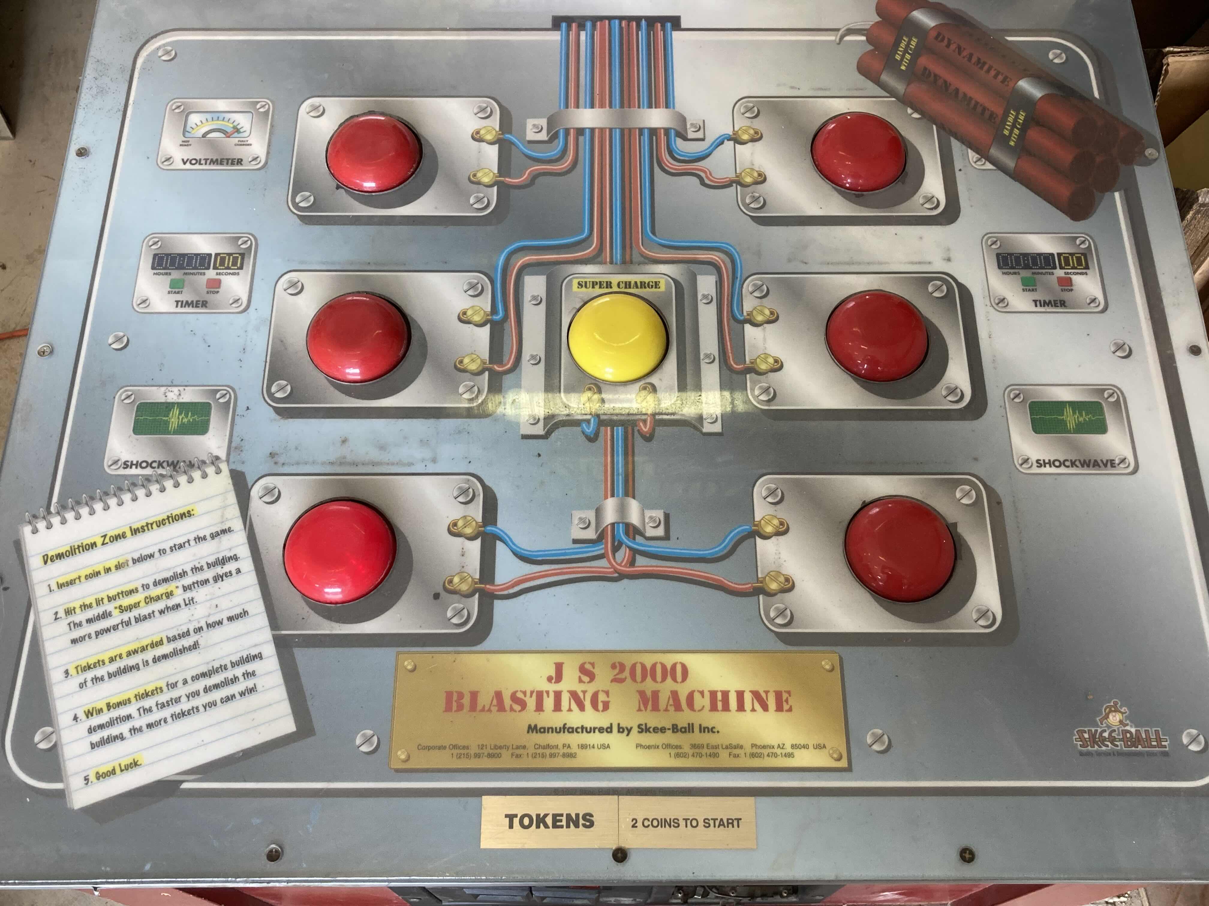 Photo 1 of SKEE-BALL INC CM FALLS DEMOLITION CO. JS 2000 BLASTING MACHINE TOKEN ARCADE GAME 32” X 43” H89”