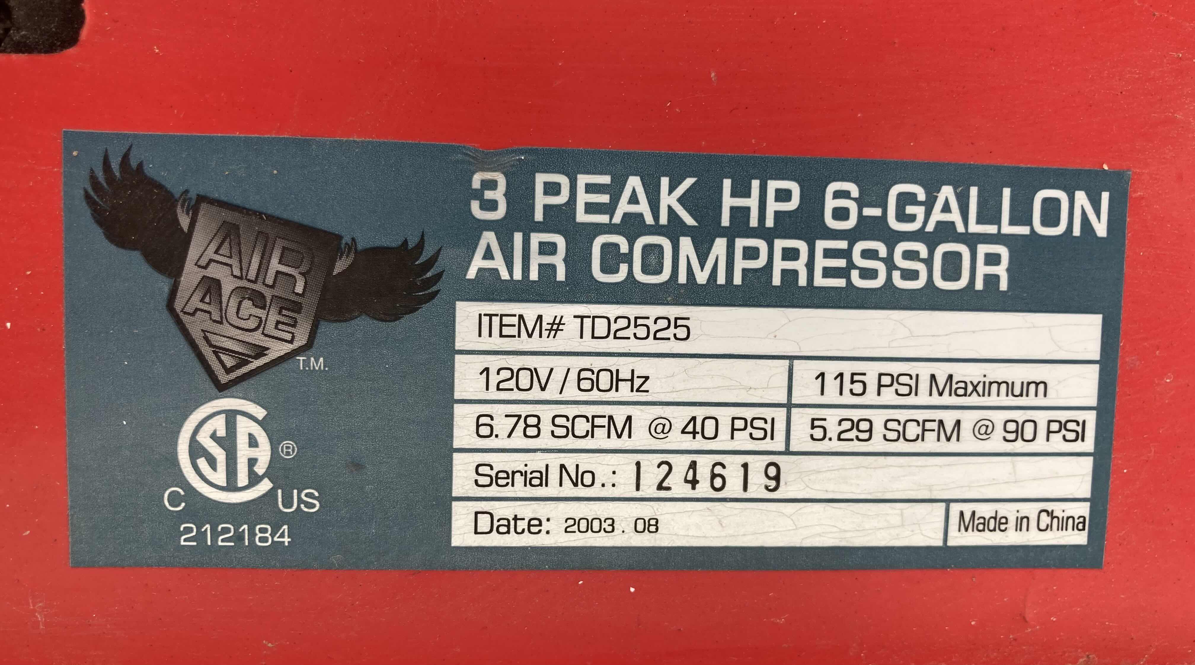 Photo 1 of AIR ACE 3 PEAK 6GAL 115PSI AIR COMPRESSOR MODEL TD2525