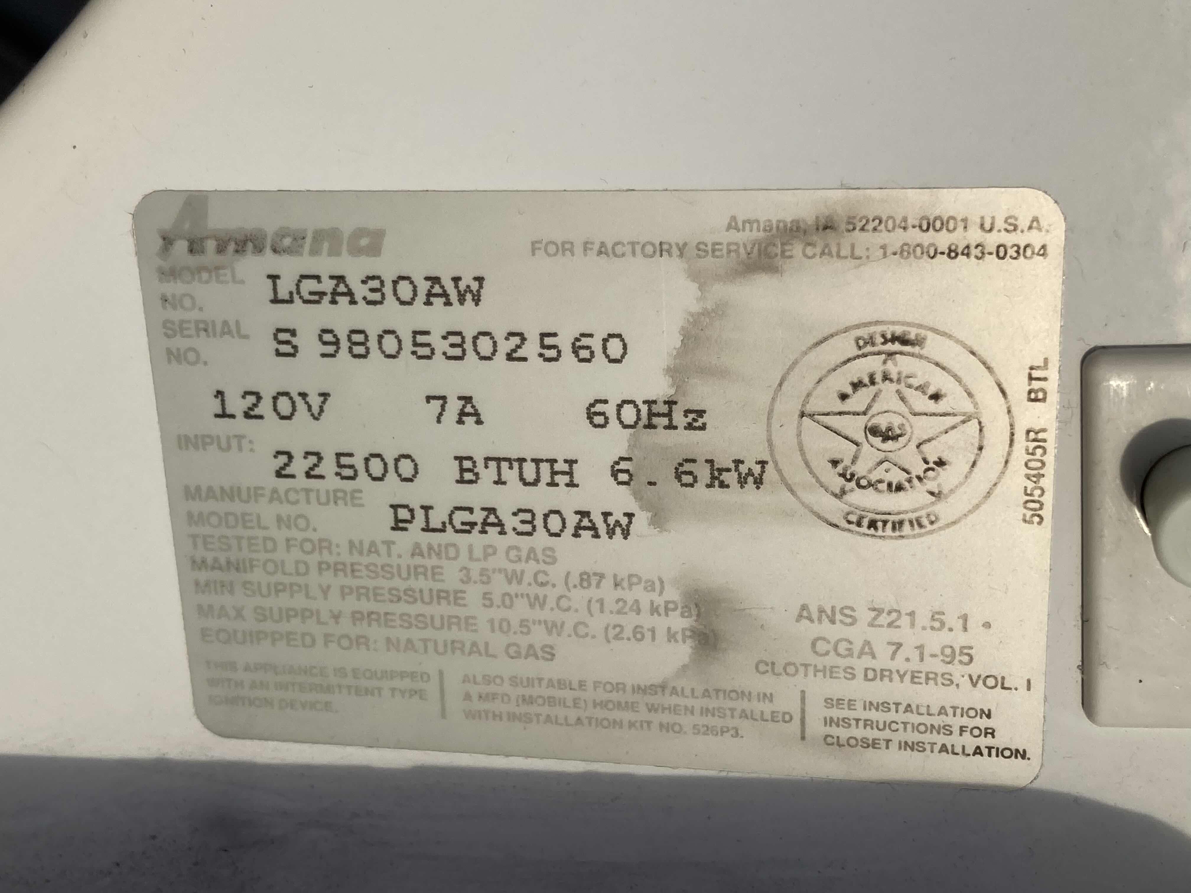 Photo 8 of AMANA COMMERCIAL QUALITY GAS DRYER MODEL LGA30AW