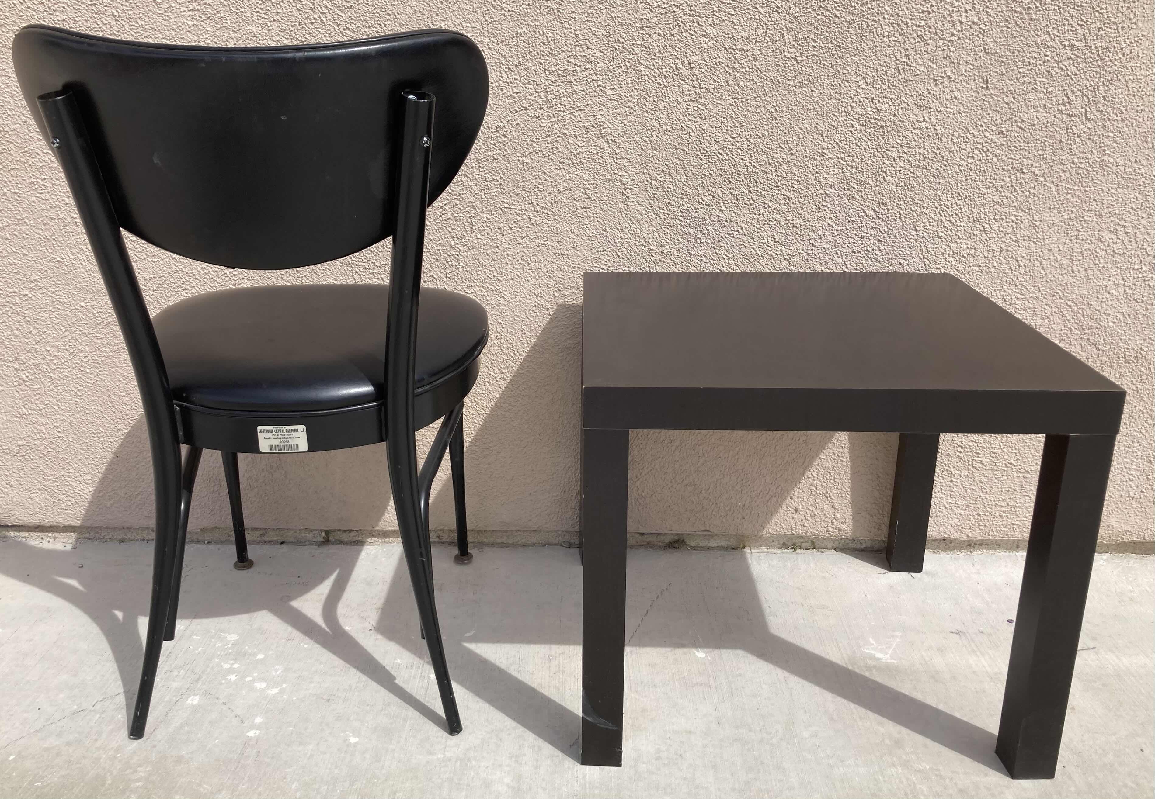 Photo 1 of LION BRAND BLACK METAL PADDED CHAIR & DARK WOOD FINISH SIDE TABLE 20” X 20” H18”