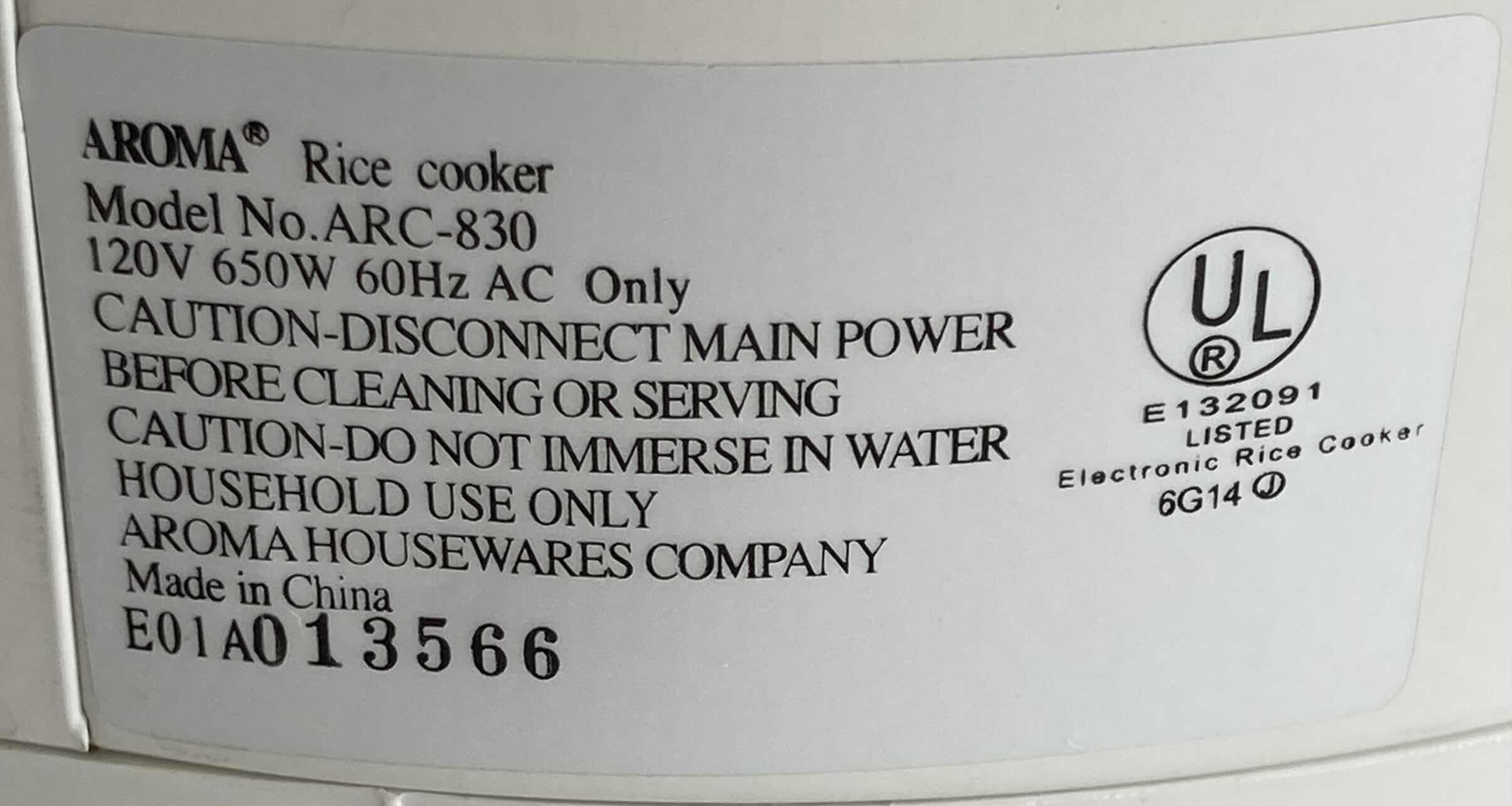 Photo 3 of AROMA RICE COOKER MODEL ARC-830