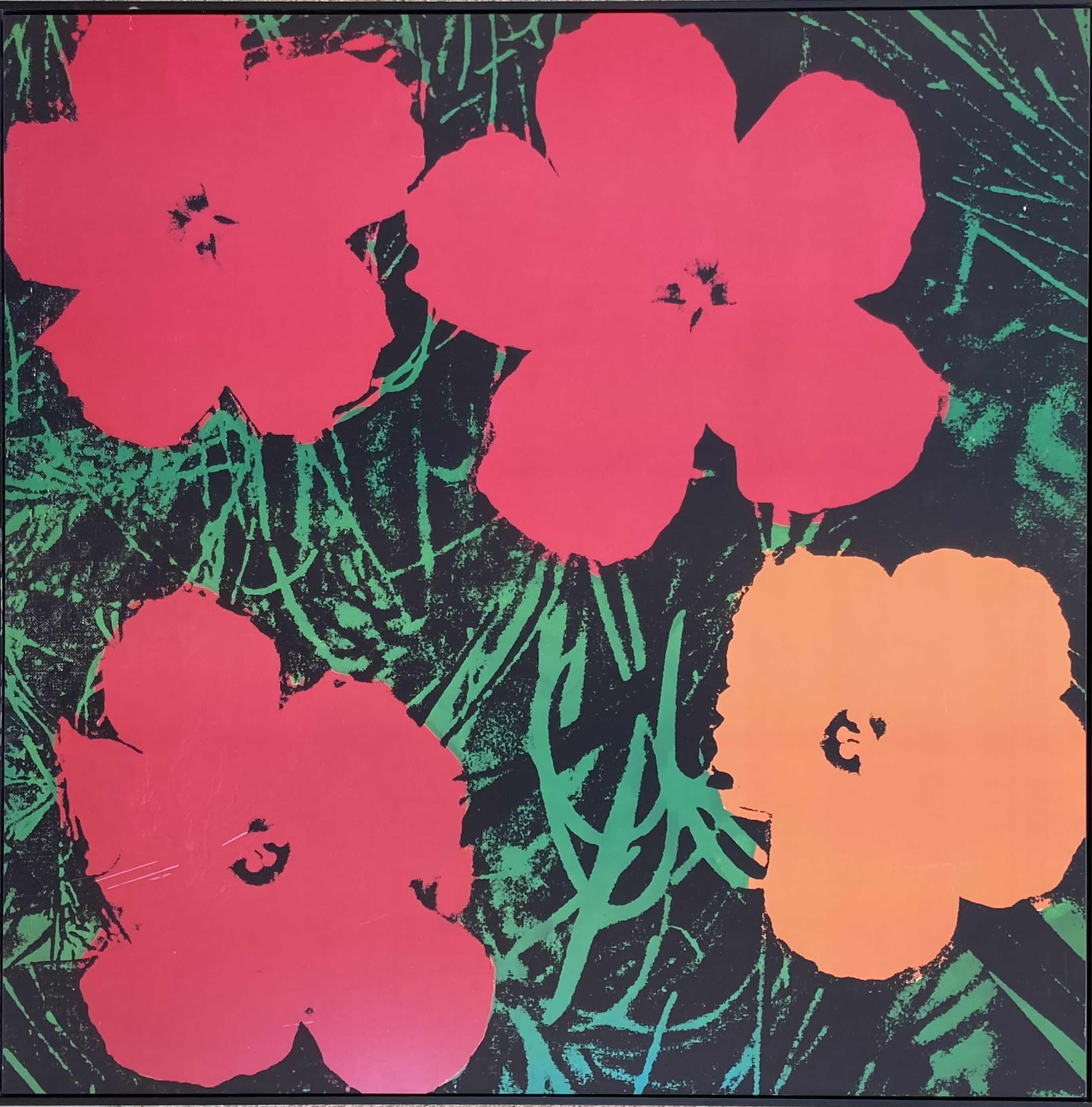 Photo 1 of FOUR FLOWERS LOW PROFILE BLACK FRAMED REPRINT ARTWORK BY ANDY WARHOL 37.5” X 37.5”
