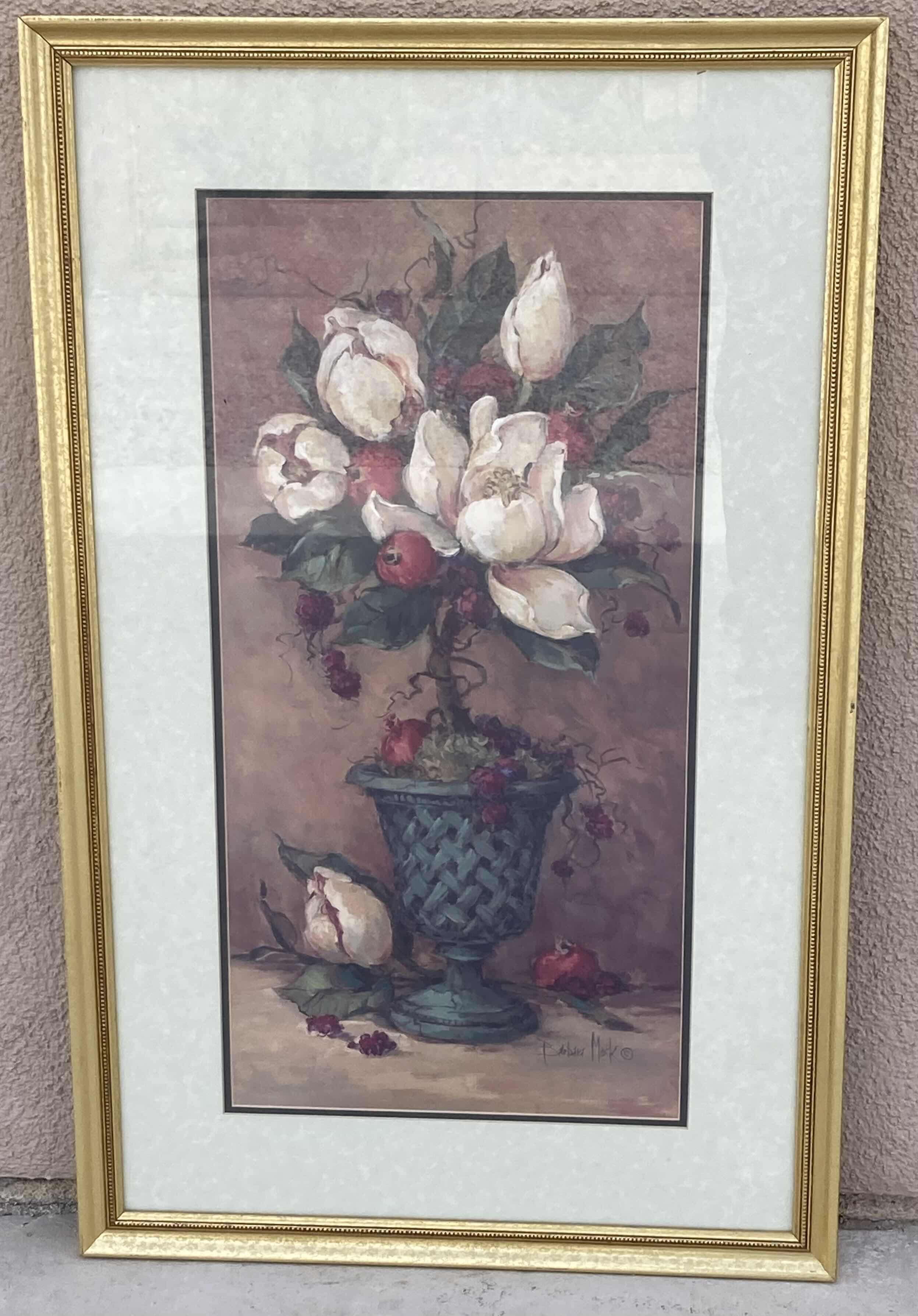 Photo 1 of FLORAL ARRANGEMENTS GOLD FINISH FRAMED ARTWORK BY BARBARA MARK (2) 20” X 32”