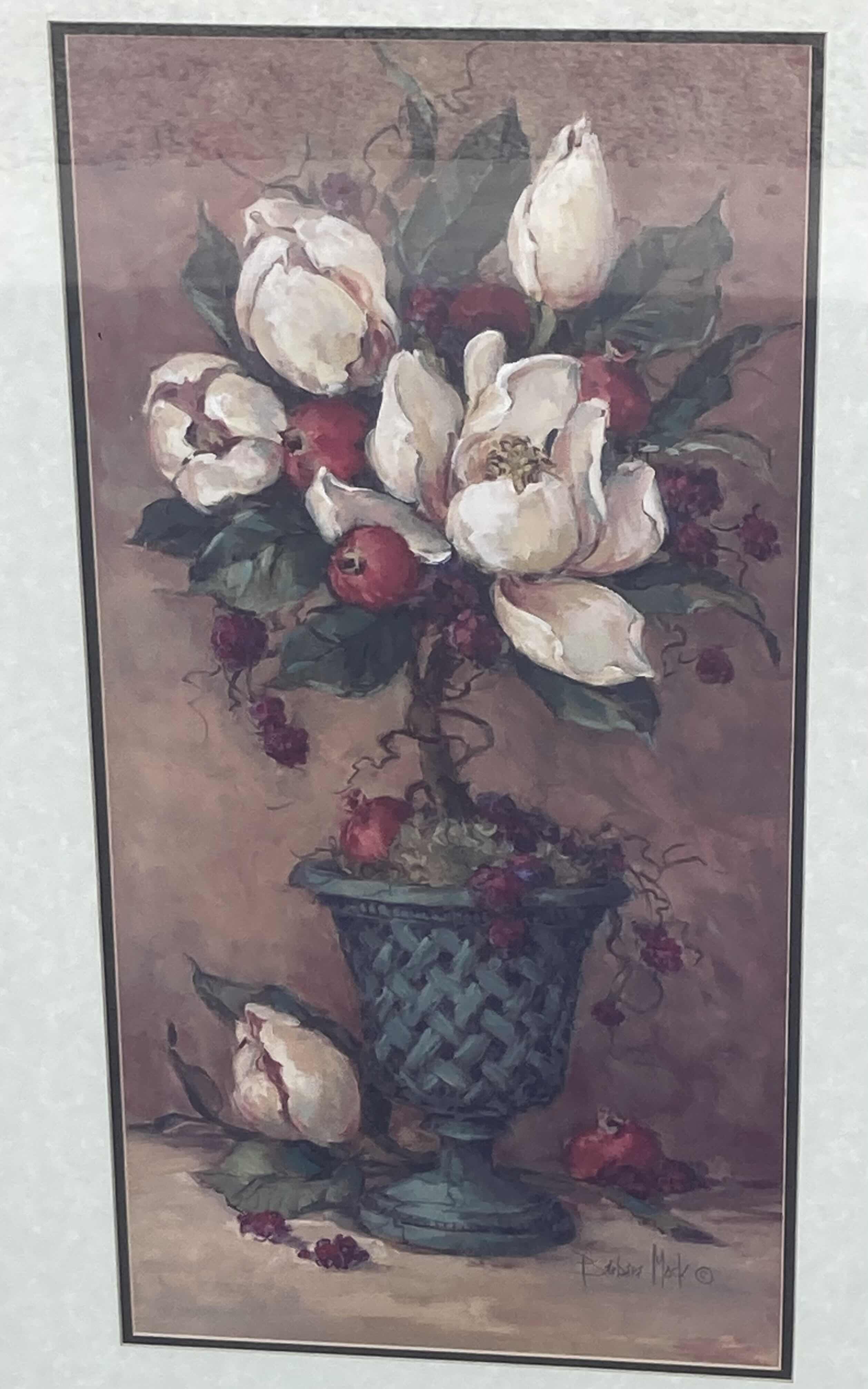 Photo 1 of FLORAL ARRANGEMENTS GOLD FINISH FRAMED ARTWORK BY BARBARA MARK (2) 20” X 32”