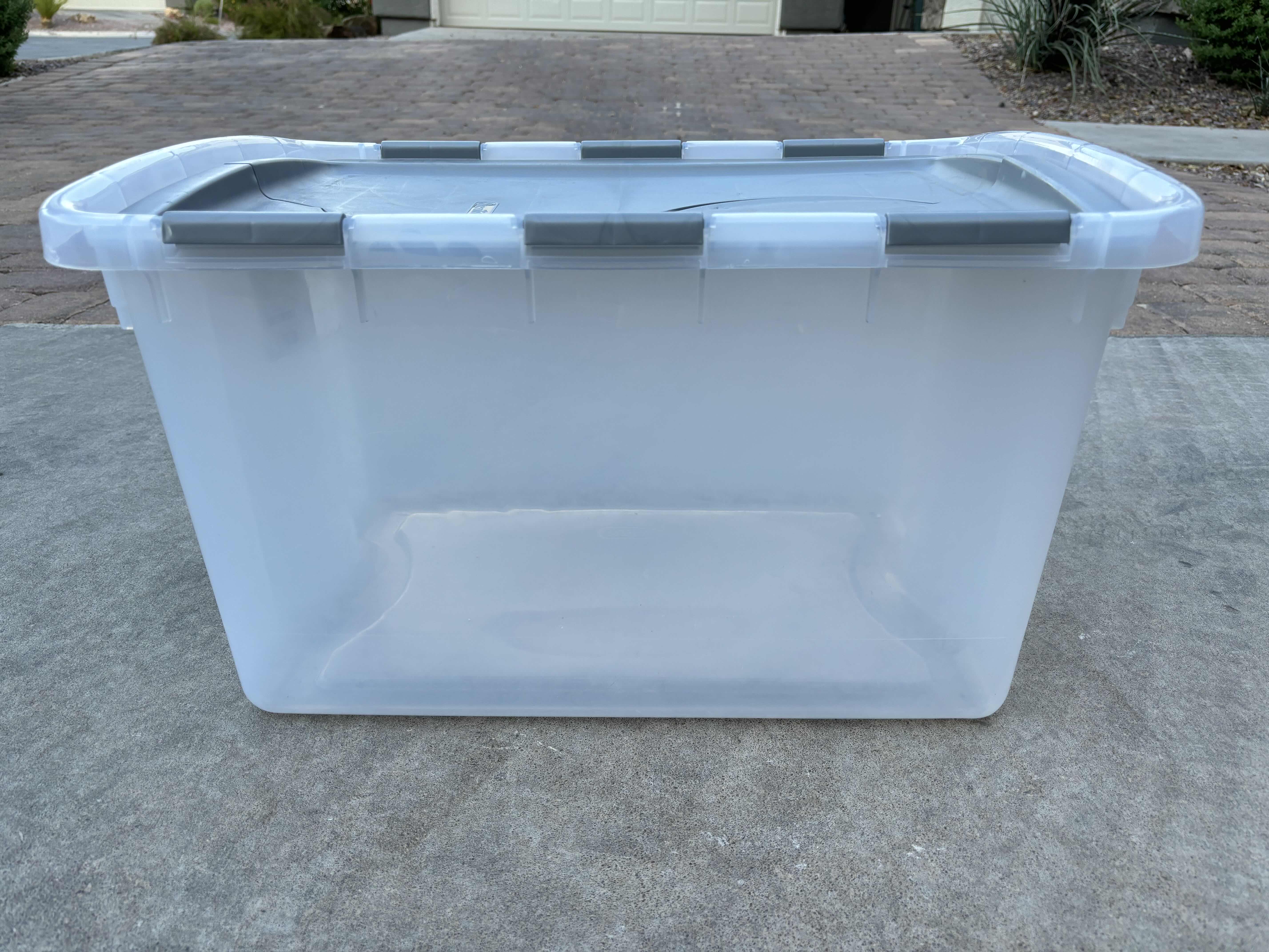 Photo 1 of STERILITE 48 QT HINGED LID STORAGE BOX, CLEAR STACKABLE BIN W GRAY LID (6)