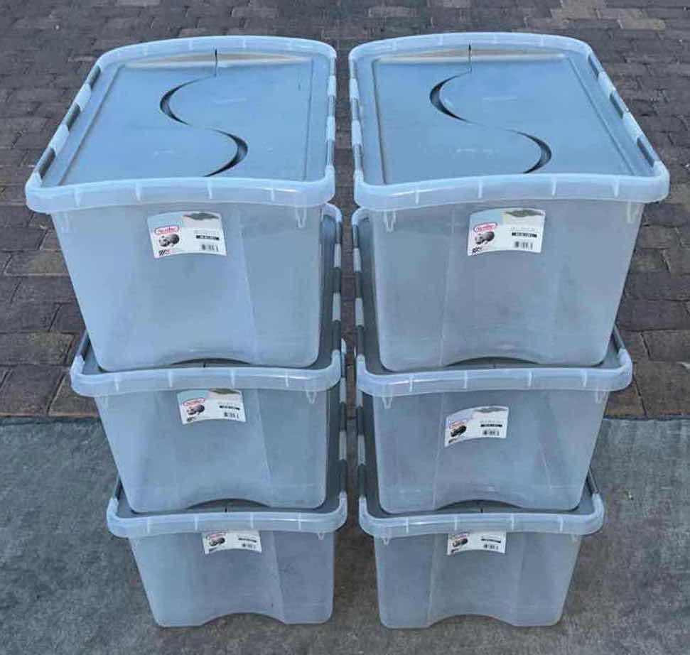 Photo 1 of STERILITE 48 QT HINGED LID STORAGE BOX, CLEAR STACKABLE BIN W GRAY LID (6)