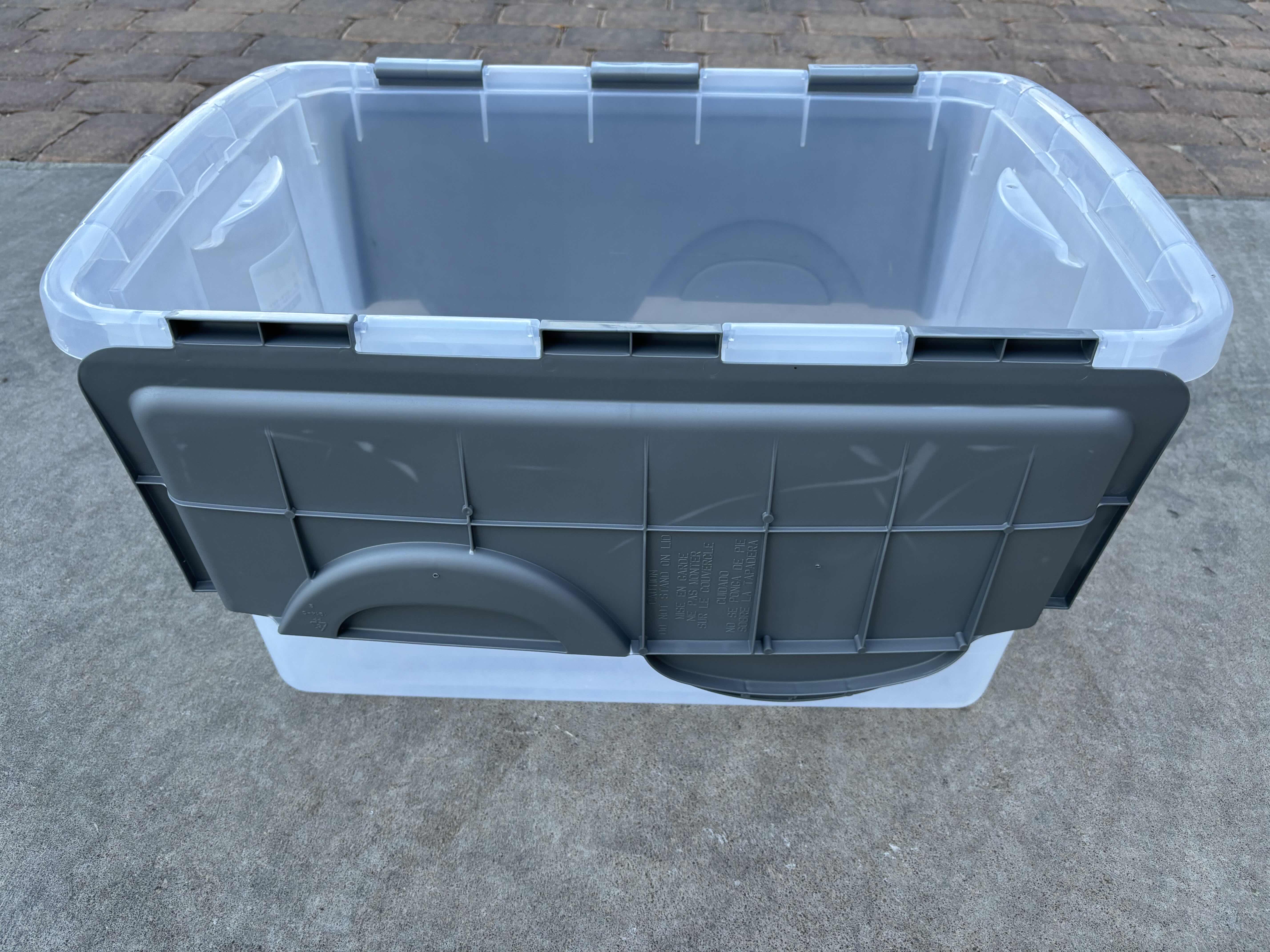 Photo 1 of STERILITE 48 QT HINGED LID STORAGE BOX, CLEAR STACKABLE BIN W GRAY LID (6)