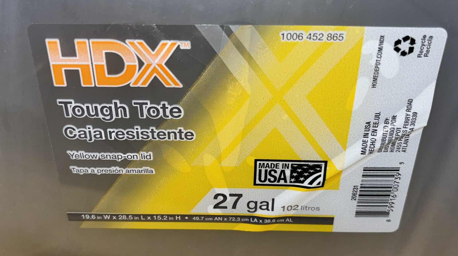 Photo 1 of HDX 27 GAL TOUGH TOTE IN CLEAR W YELLOW LID (2)