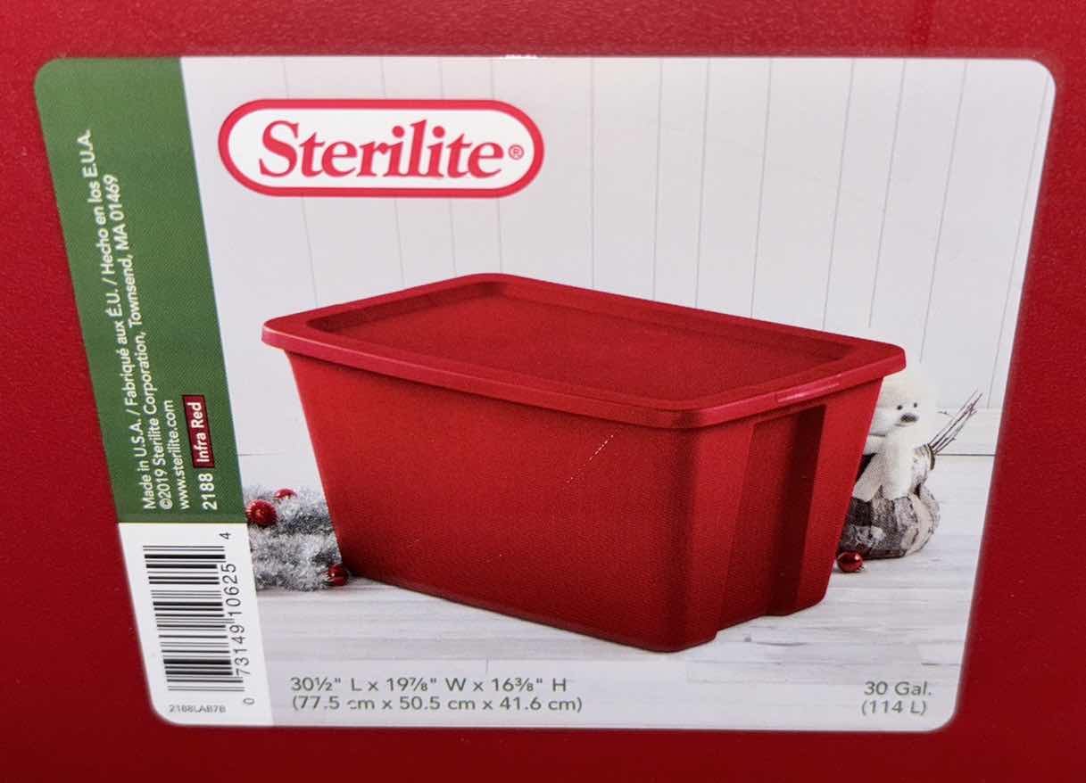 Photo 1 of STERILITE 20 GAL STORAGE BIN W LATCH LID & 30 GAL RED STORAGE BIN W LID (2)