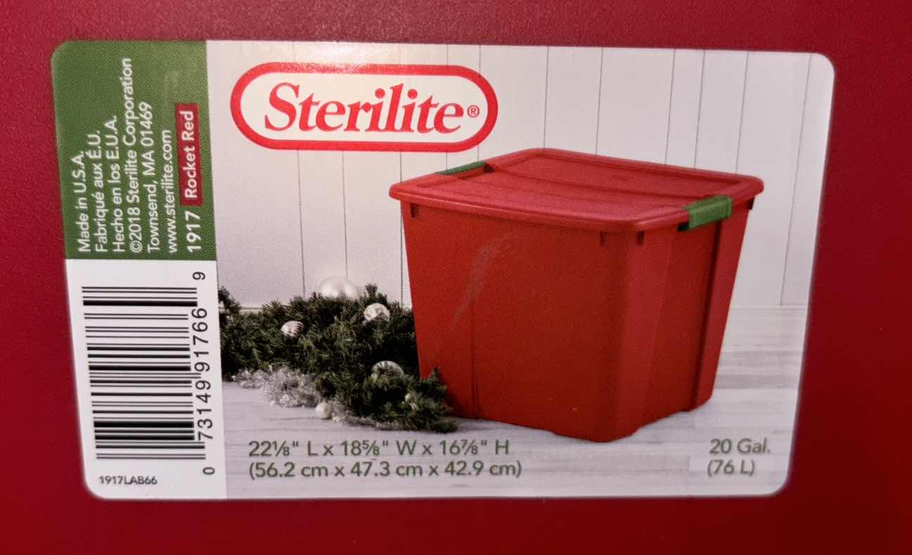 Photo 5 of STERILITE 20 GAL STORAGE BIN W LATCH LID & 30 GAL RED STORAGE BIN W LID (2)