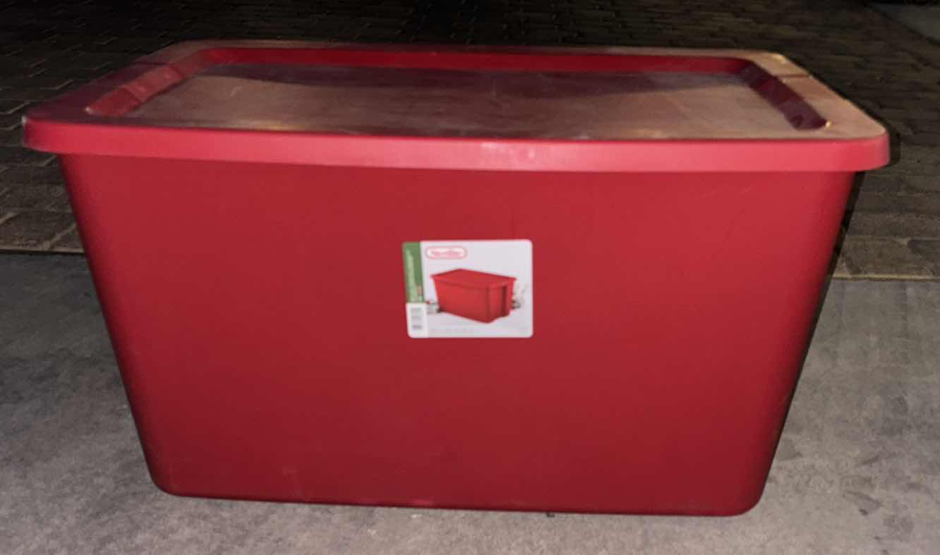 Photo 3 of STERILITE 20 GAL STORAGE BIN W LATCH LID & 30 GAL RED STORAGE BIN W LID (2)