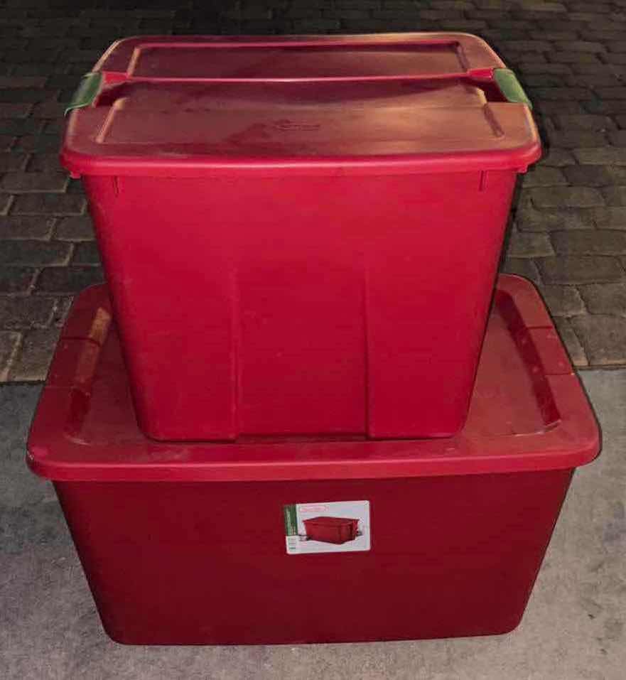 Photo 1 of STERILITE 20 GAL STORAGE BIN W LATCH LID & 30 GAL RED STORAGE BIN W LID (2)