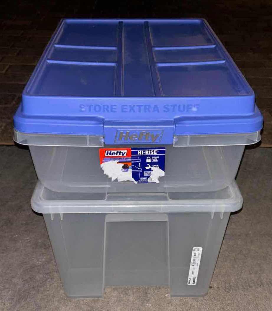 Photo 1 of HEFTY 40 QUART HI-RISE STORAGE BIN W LID & IKEA SAMLA 12 GAL CLEAR STORAGE BIN W LID