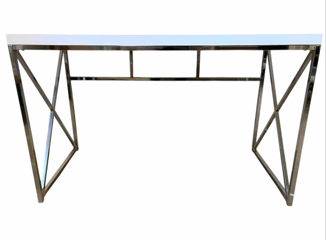 View 1 of BENJARA GRACIE RECTANGULAR WHITE TOP CHROME BASE DESK 47.5” X 23.5” H30.5”