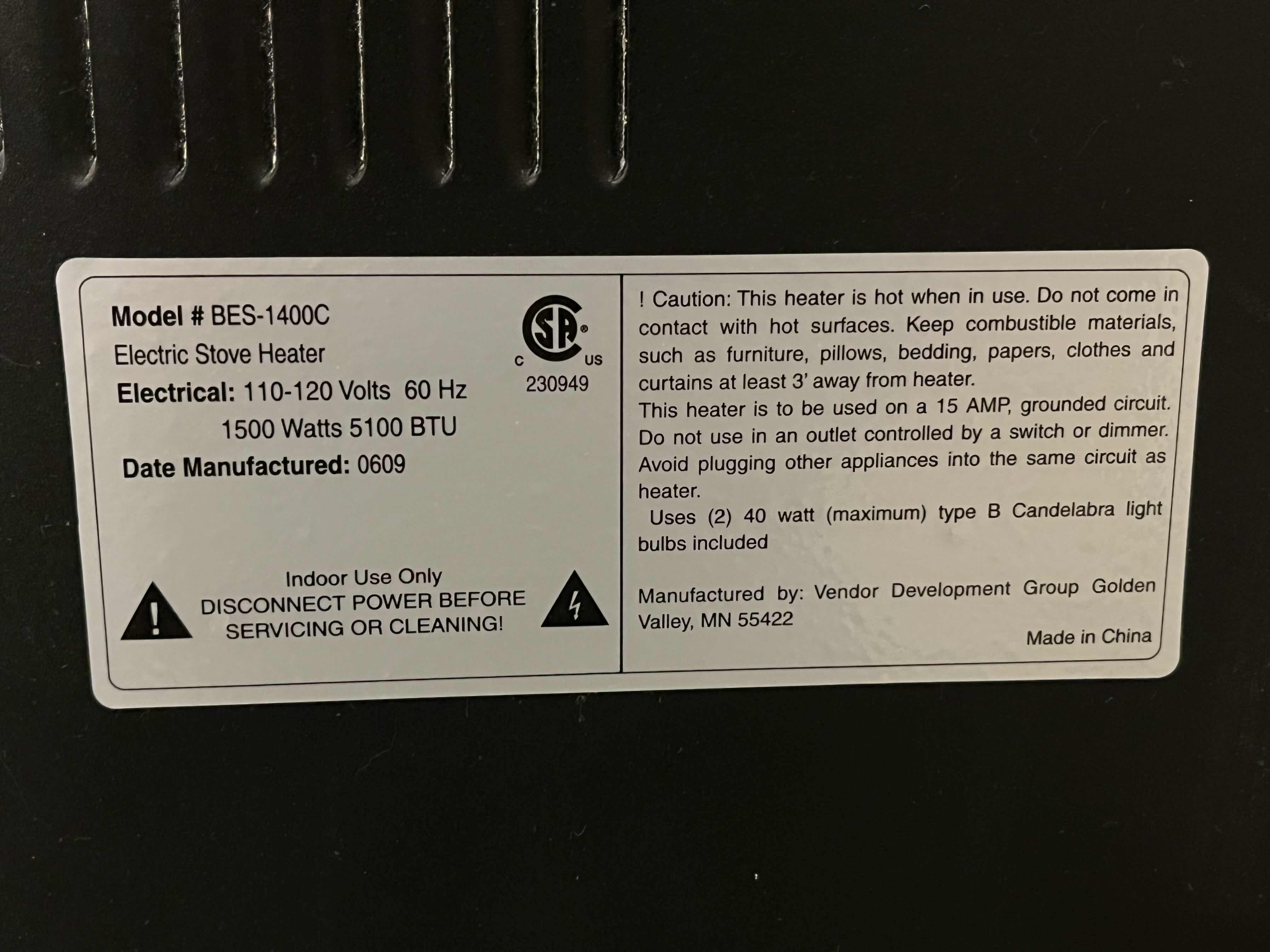 Photo 1 of CAST IRON STOVE STYLE ELECTRIC HEATER MODEL BES-1400C